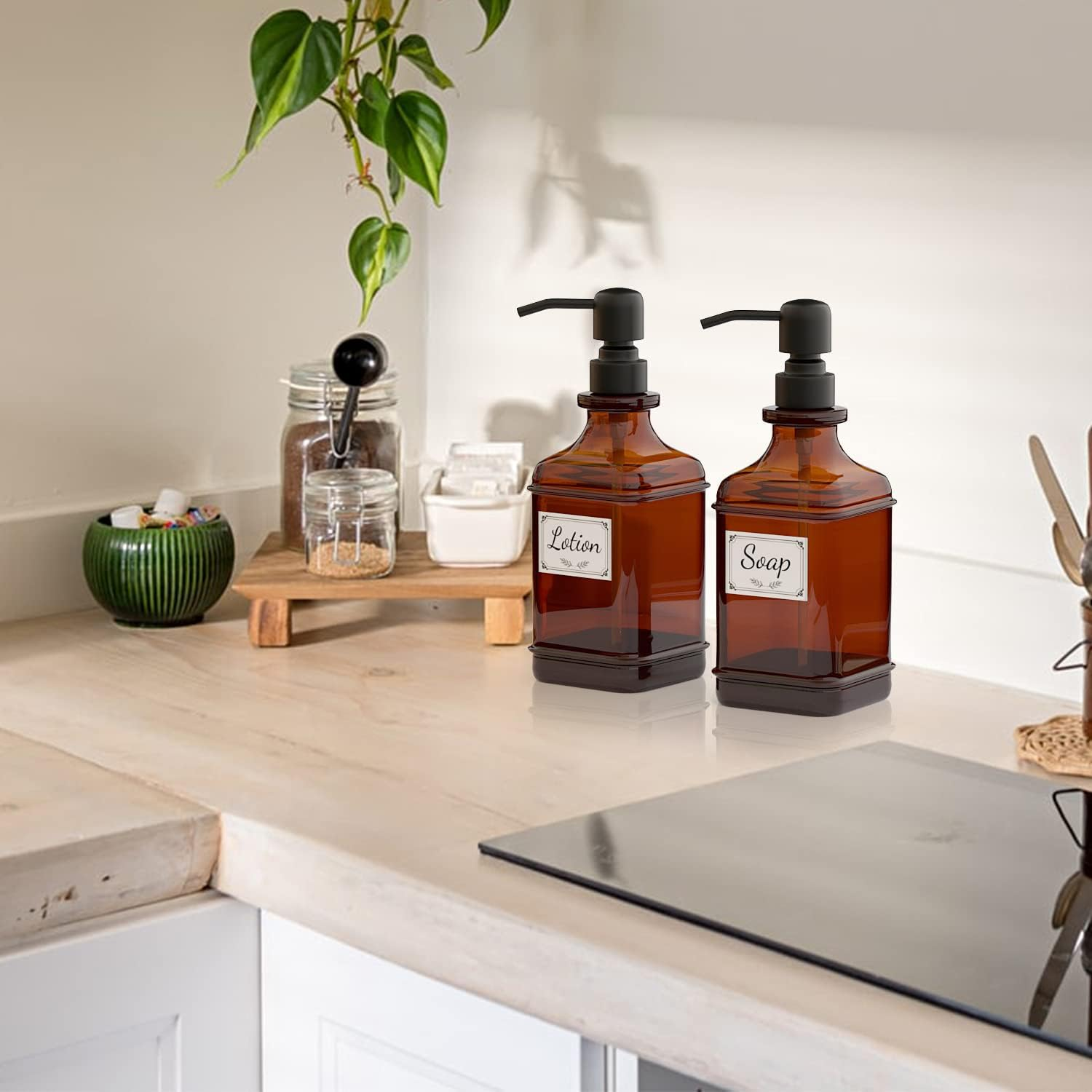 GLADPURE Soap Dispenser 2 Pack, Hand Soap Dispensers with 18 Oz Antique Design Thick Amber Glass Bottle, 316 Rust Proof Stainless Steel Black Pump, 6Pcs Stickers, for Lotion, Soap, Essential Oil image number 4