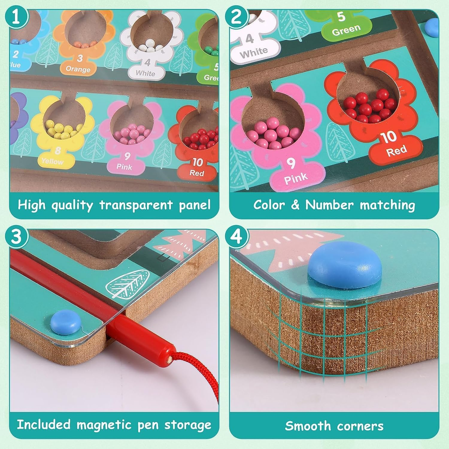 Magnetic Color and Number Maze，Montessori Wooden Magnet Board Puzzles Toddler Activities Counting Matching Games，Fine Motor Skills Preschool Learning Education Toys for Boys Girls (Flower) image number 5