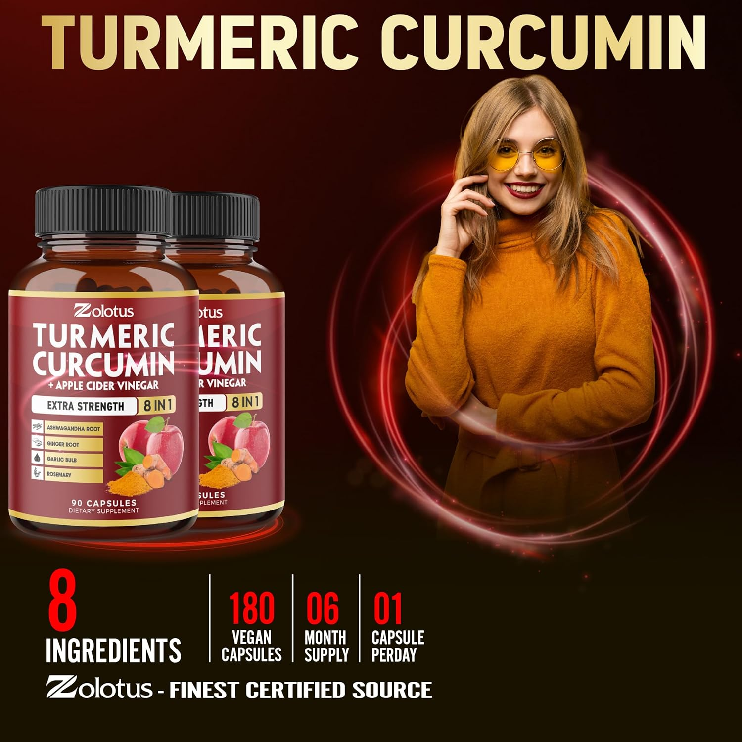 2Packs 90 Capsules Turmeric Curcumin + Apple Cinder Vinegar Capsules with Ashwagandha, Ginger, 95% Standardized Curcuminoids (6 Month Supply) image number 1
