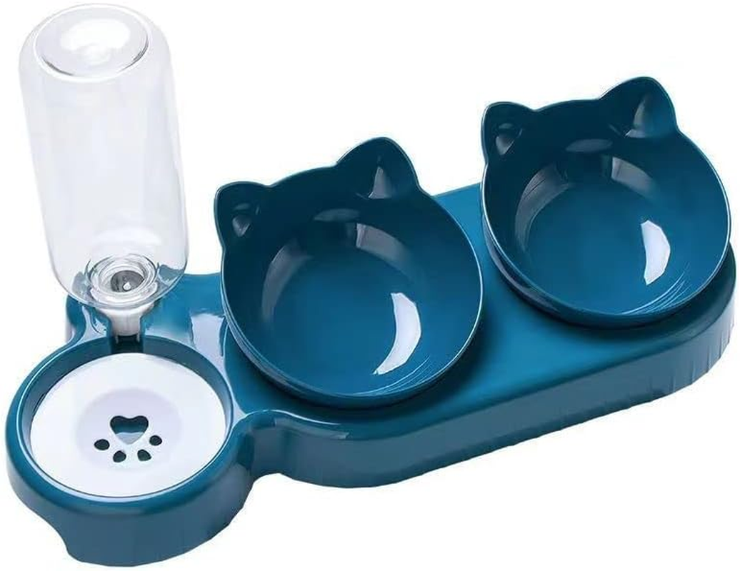 Triple Cat Bowls,15&deg;Tilt 3-In-1 Water Feeder Bowls Cat Double Food Bowls， Whisker Friendly Wet and Dry Cat Elevated Feeding Dishes for Small Cat and Puppy (Blue, One Size) image number 6