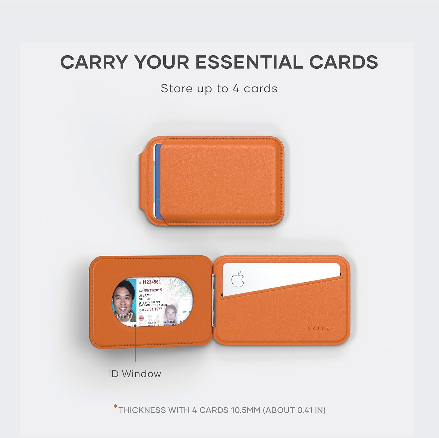 Satechi Magnetic Magsafe Wallet, Vegan-Leather Double Flap Stand Card Holder, 4 Slots with Front NFC Pass-Through, Adjustable Phone Attachment for Iphone 16/15/14/13/12, Travel Accessory - Orange image number 1