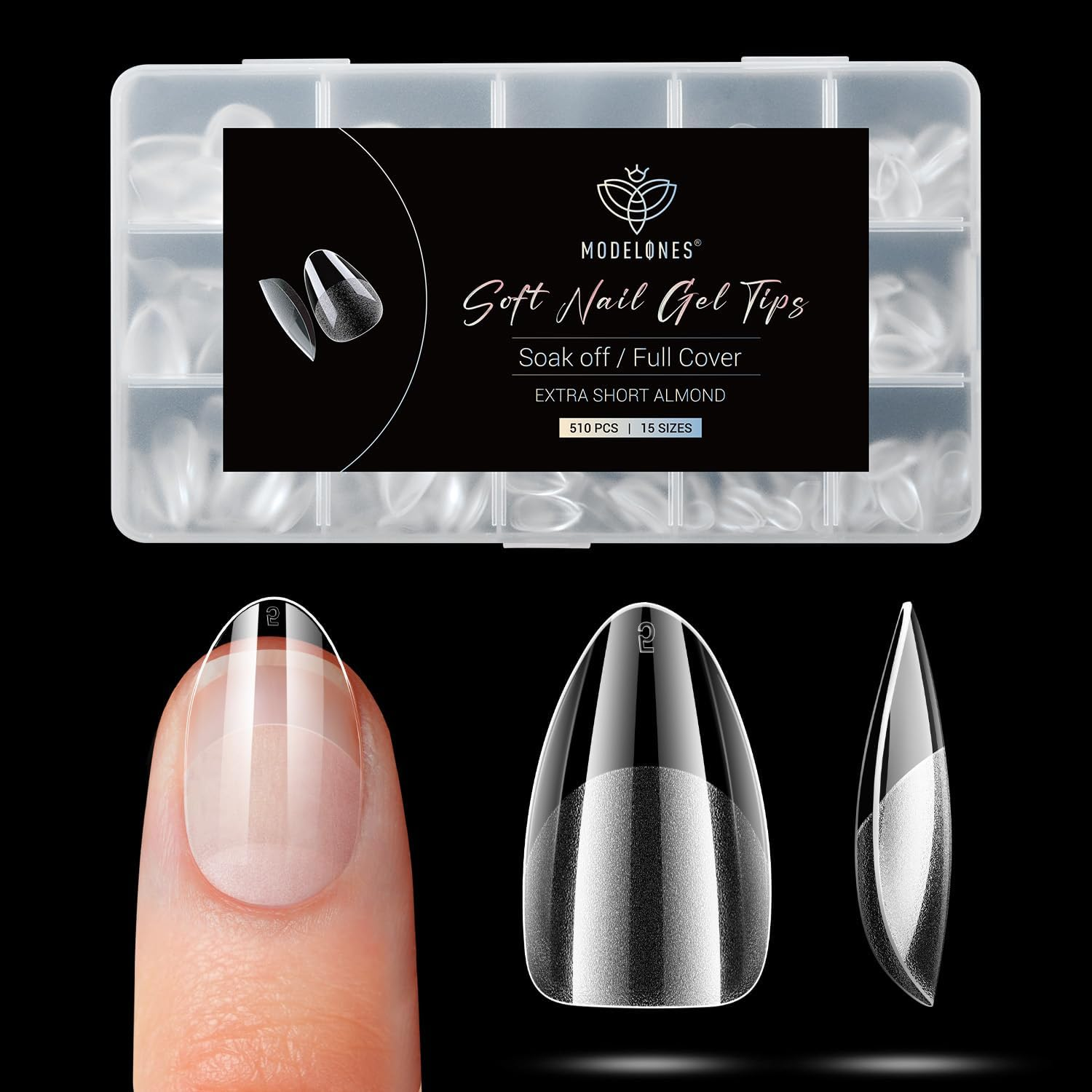 Modelones Short Almond Fake Nail Tips - 510Pcs Gel Tips Pre-Shaped Half Matte Full Cover Clear Acrylic Gel Kit False Press on Nails for Extension DIY Salon 15Sizes