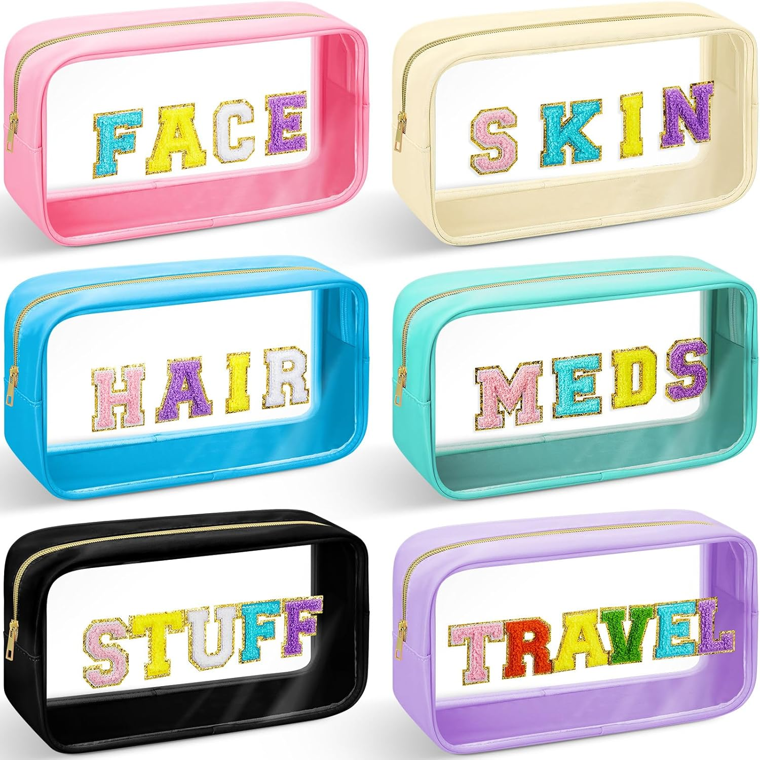 Abbylike 6 Pcs Large Chenille Letter Cosmetic Bag Preppy Patch PVC Nylon Makeup Bag Portable Glitter Clear Cosmetic Bags with Zipper Travel Toiletry Storage Stuff Pouch for Women, as Shown in Pictures, Classic