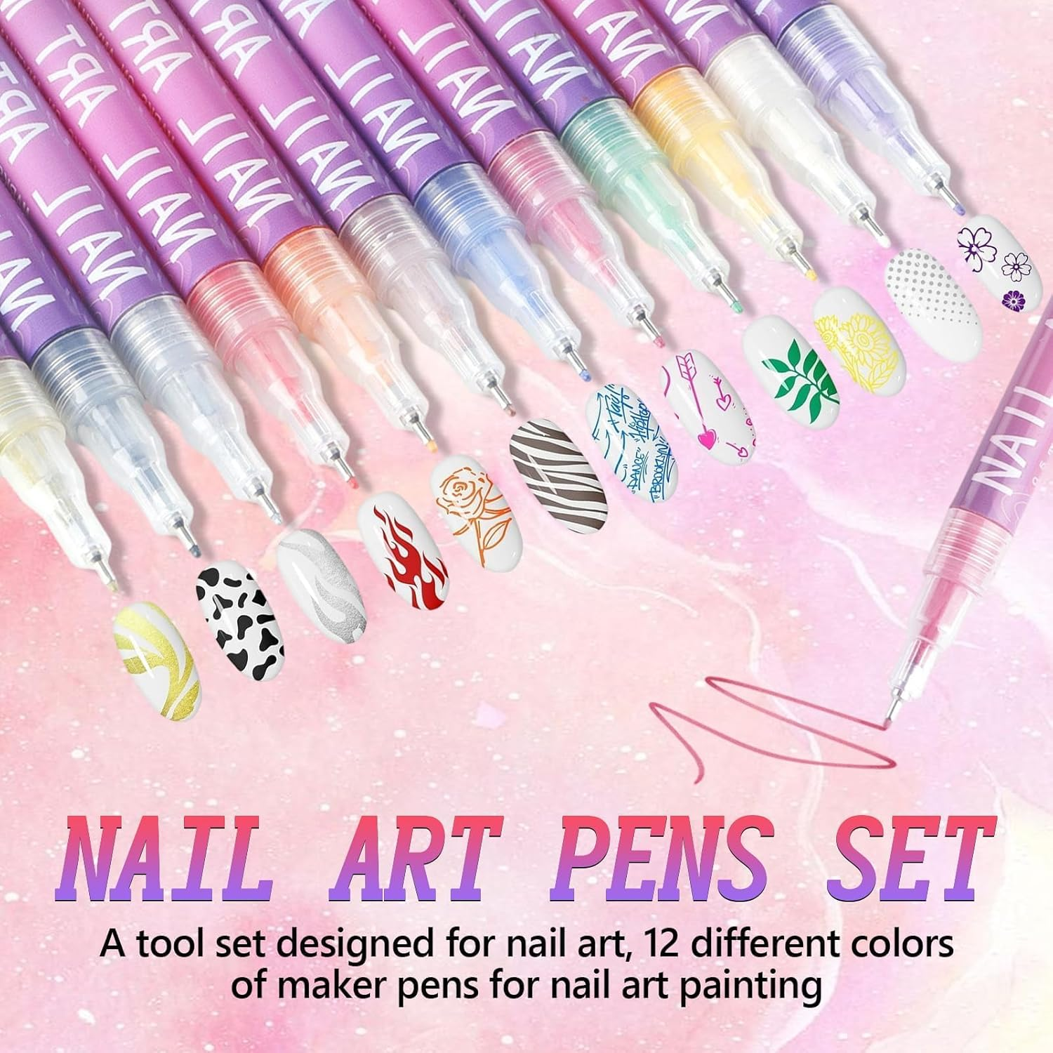 12 Colors Nail Art Pens Set, 3D Nail Art Markers Doodle Pen for Kids Adults, Nail Art Tools for Polishing Dotting Painting Liner DIY