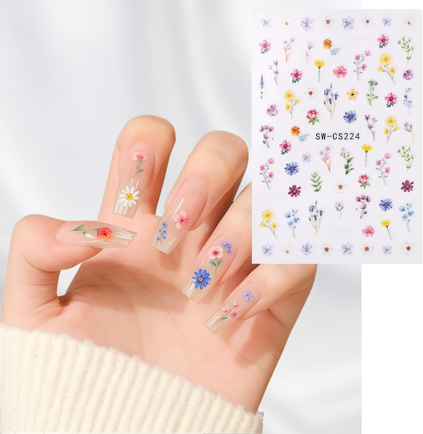 12 Sheets Flower Nail Stickers, 3D Self-Adhesive Flower and Leaf Plant Nail Decals Spring Summer DIY Manicure Decorations for Women Girls image number 3