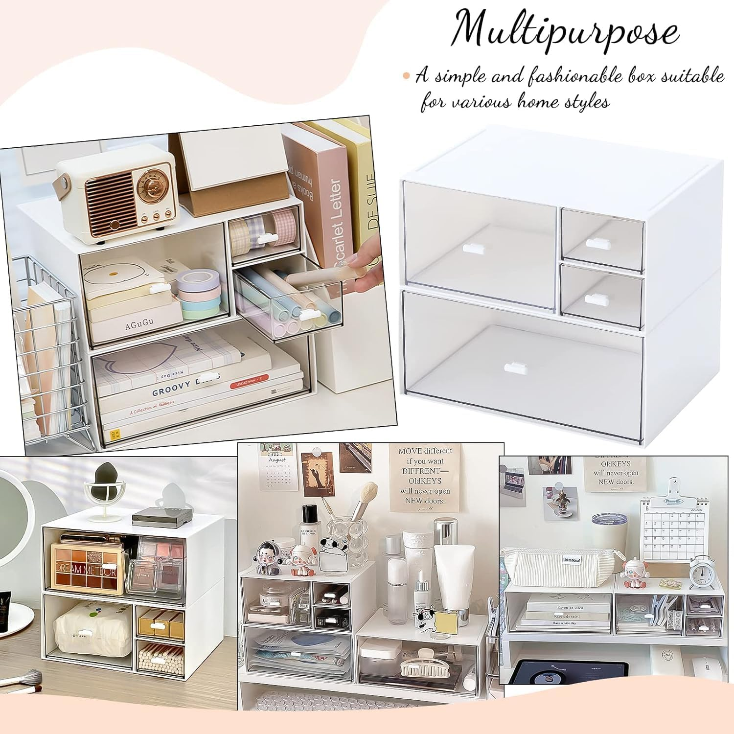 Desk Drawer Organizer, Transparent Makeup Organizer Storage Box with 4 Removable Plastic Drawers, Desk Storage and Accessories for Home Collection Cosmetics Office Bathroom Counter Dressing Table image number 3