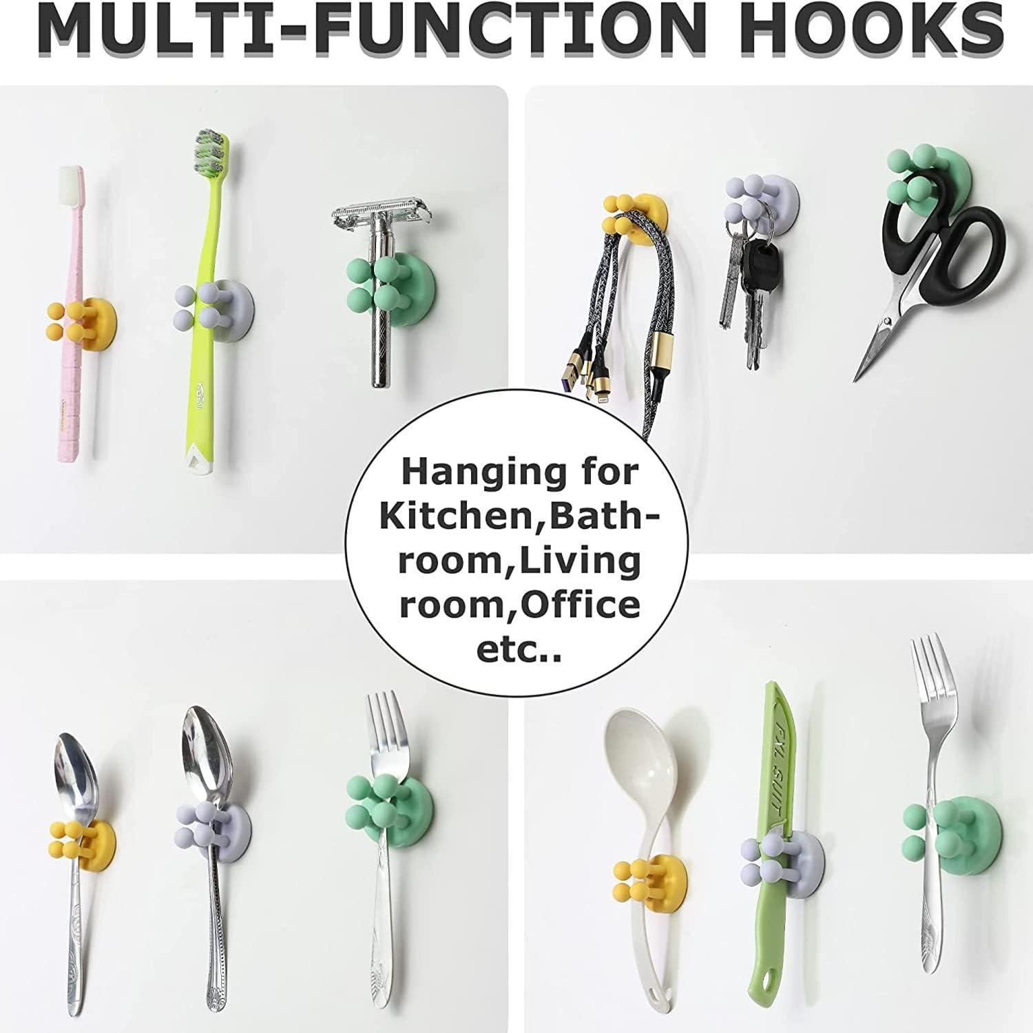 4 Pack Wall Hooks Toothbrush Holders, Multi-Purpose Silicone Key Hanging Holder, Wall Mounted Razor Holder for Shower, Self Adhesive Towel Hook, Bathroom Kitchen Office Accessories (Black) - Green image number 1