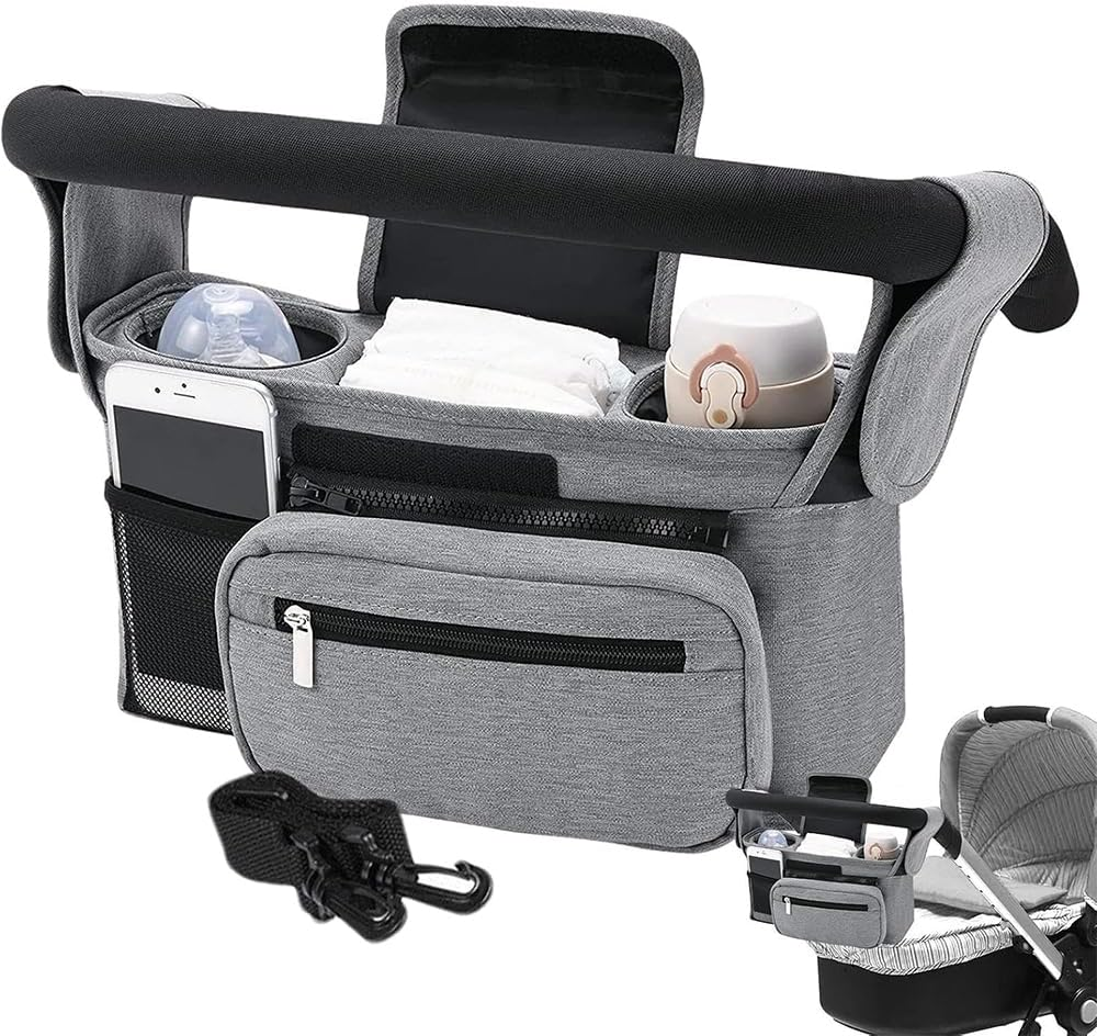 Universal Stroller Organizer,Multifunctional Storage Bag,Item Storage Container,Stroller Caddy Fits, Organizer Bag with Hooking,Detachable Shoulder Straps,For Diapers,Toys,Snacks (Grey) image number 4