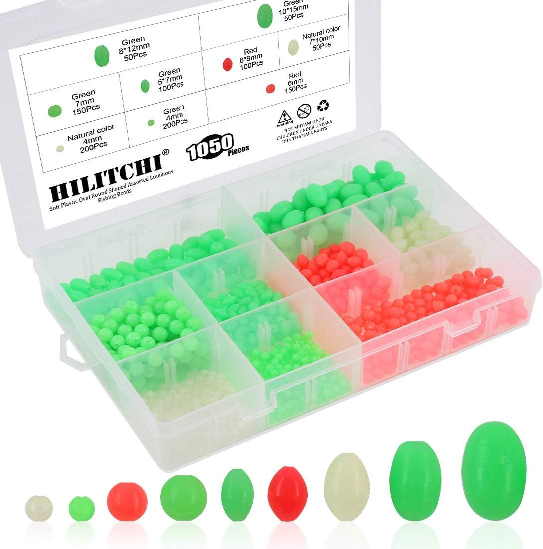 1050 Pcs 9 Sizes All Luminous Fishing Beads Assorted Soft Plastic Oval round Shaped Glow Eggs for Stream Pool Lake River Fishing (All Glow in the Dark) image number 4