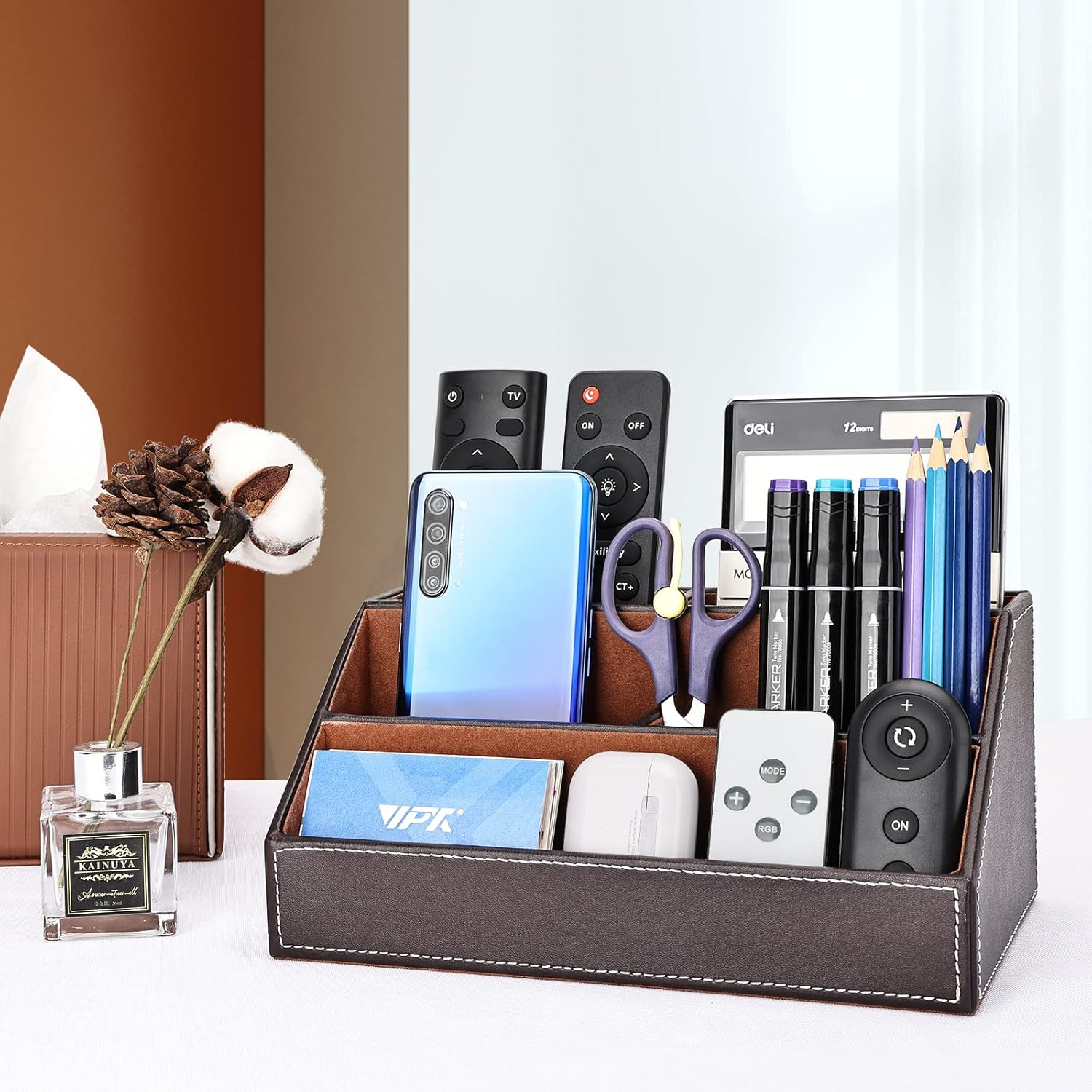 KINGFOM Home Office Wooden Struction Leather Multi-Function Desk Stationery Organizer Storage Box, Pen/Pencil,Cell Phone, Business Name Cards, Note Paper, Remote Control Holder - Black image number 3