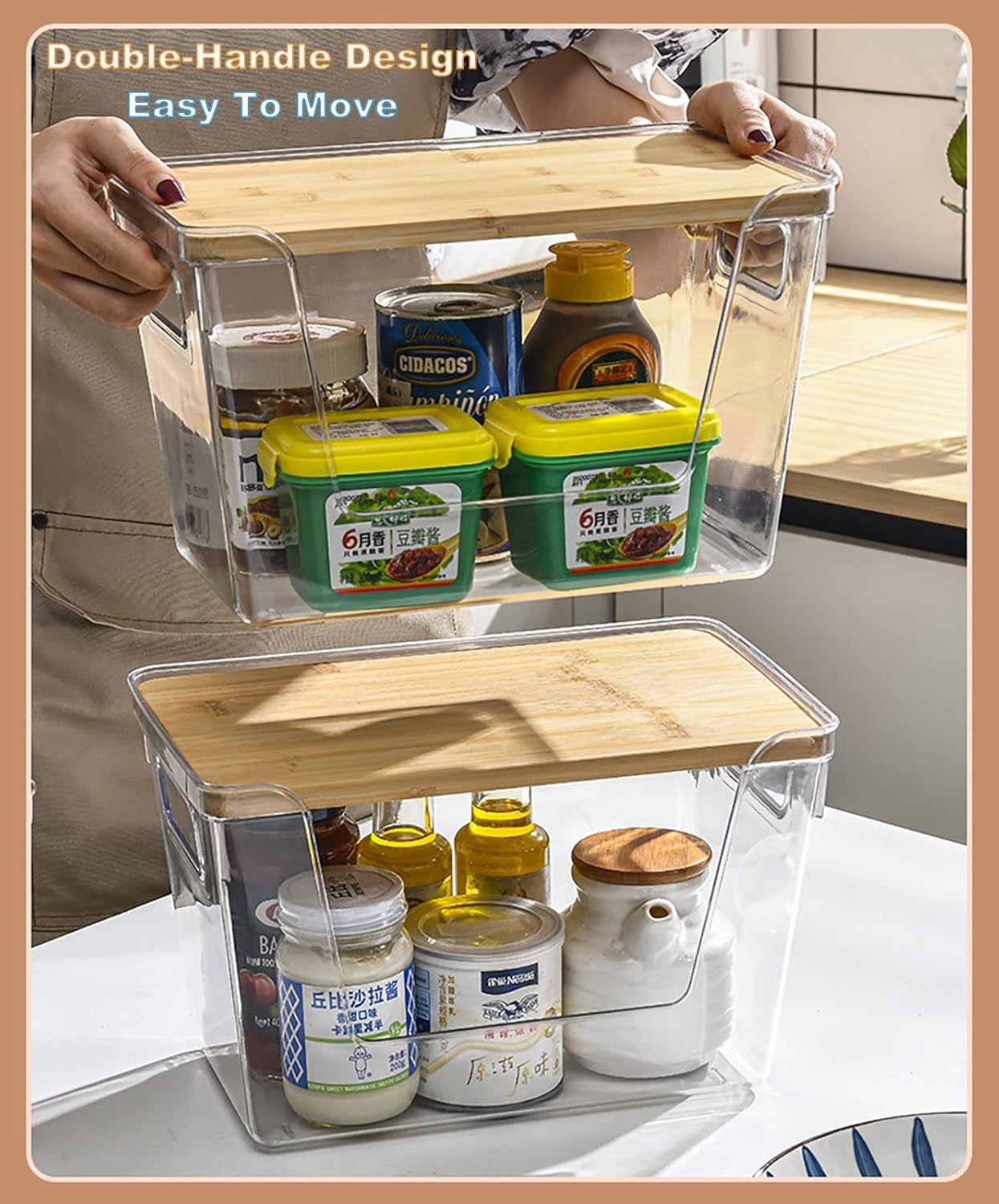 LISNSMY 2 Set Clear Stackable Storage Boxes with Bamboo Wood Lid and Handles, Open Pantry Organizer Bins, 29X18X18 CM, for Bathroom, Cabinet, Kitchen, Fridge, Closet Organization