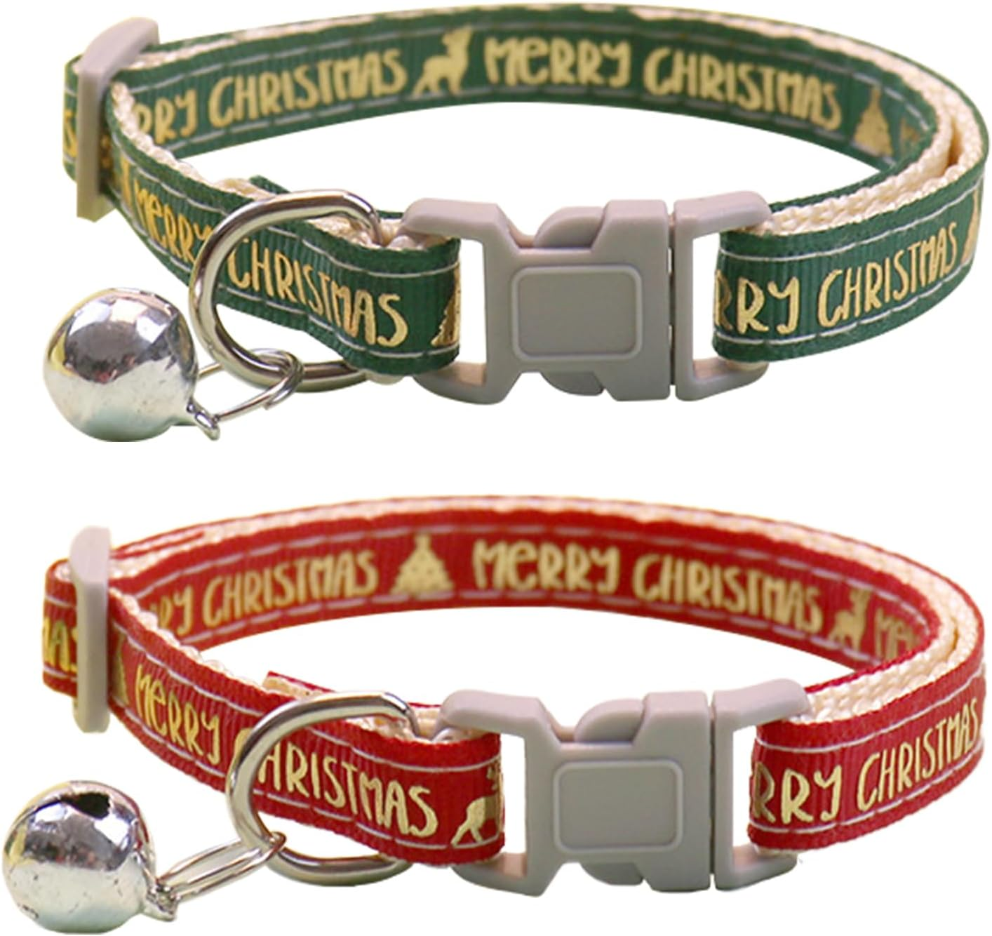 2 Pcs Christmas Dog Collar with a Bell, Red Green Christmas Adjustable Pet Collar 19-32Cm, Comfortable Cotton Durable Breakaway Dog Collar for Small Medium Dogs, Christmas Dog Gift (Gold Print) image number 4