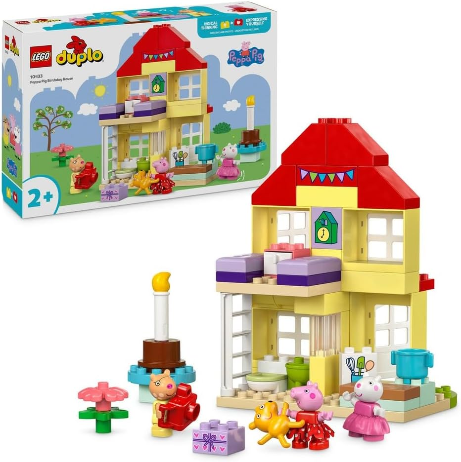 LEGO DUPLO Peppa Pig Birthday House Playset, Toddler Learning Toy for 2 plus Year Old Girls and Boys, Kids Toy Three Figures, Including Pedro Pony and Suzy Sheep, plus Peppa'S Teddy, Family Fun 10433