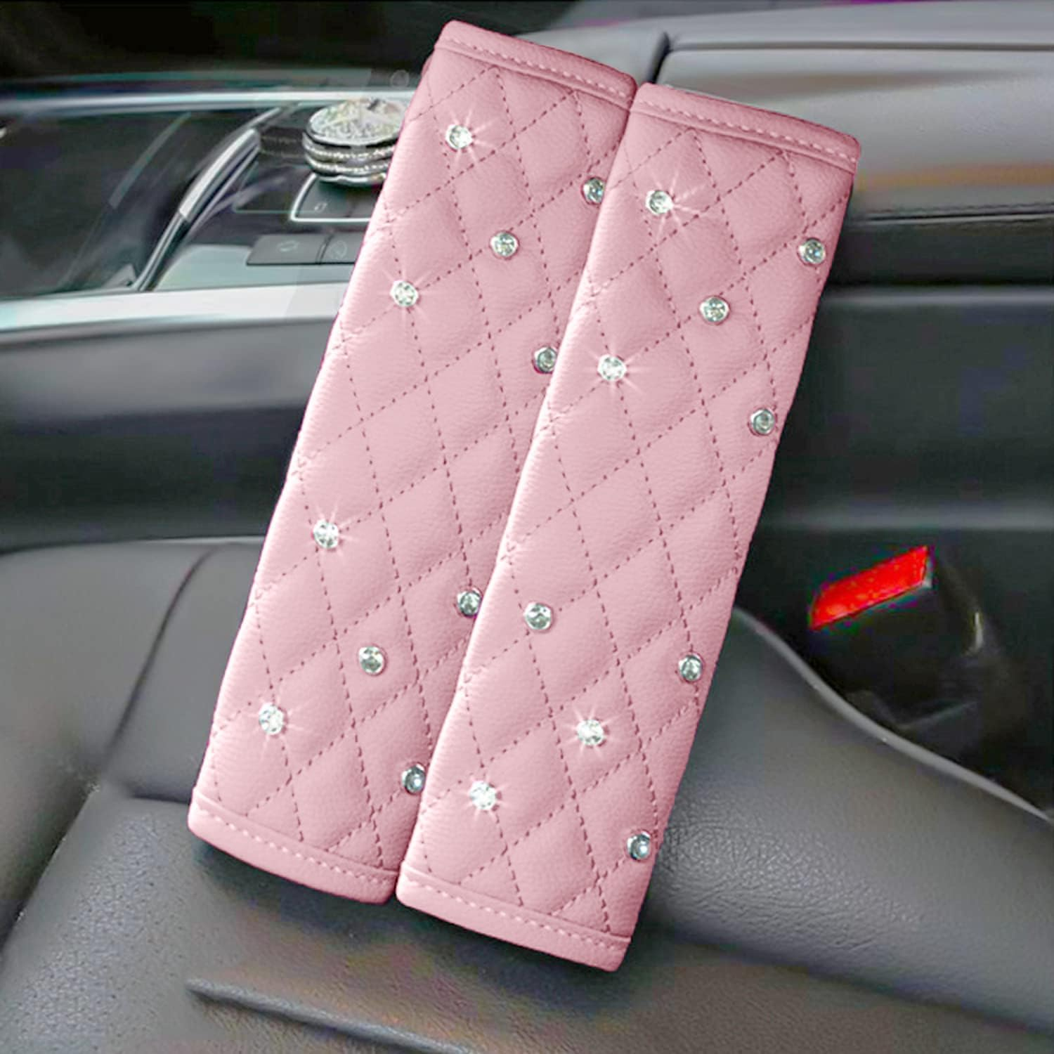 Seatbelt Shoulder Pads Leather Luster Crystals Seat Belt Covers Universal Fit Car Decor Accessories for Women Girl (Pink, 24 * 5CM)