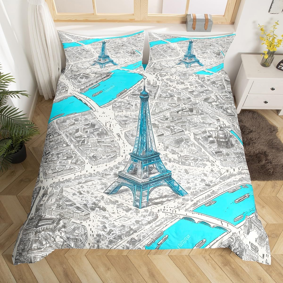 Jejeloiu Kids Eiffel Tower Bedding Set Full Size Paris Comforter Cover Set for Boys Girls French Cityscape Map Blue Duvet Cover Bedspread Cover Room Decor Quilt Cover,No Stuffing image number 4