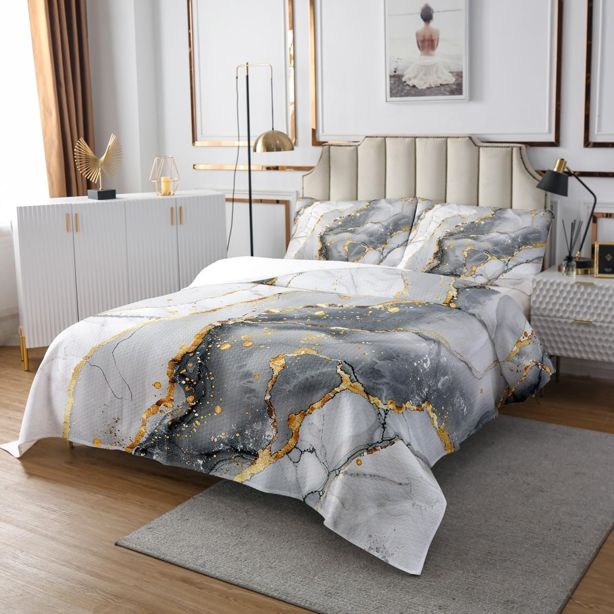 Grey Marble Bedspread 170 X 210 Cm White Grey Gold Glitter Quilted Duvet Abstract Stone Texture Duvet Set of 2 for Children'S Room Decor, Marbled Bed Linen Quilt with 1 Pillowcase image number 2