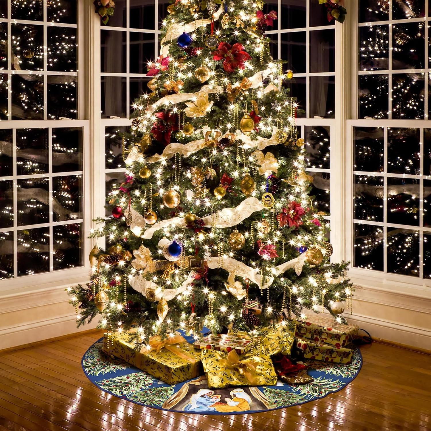 Nativity Christmas Tree Skirt Joy to the World Winter Tree Mat Nativity Scene Decorative Tree Skirt Farmhouse Xmas Ornaments Rustic Vintage Christmas Decor for Holiday Party(Blue,48 Inch) image number 4