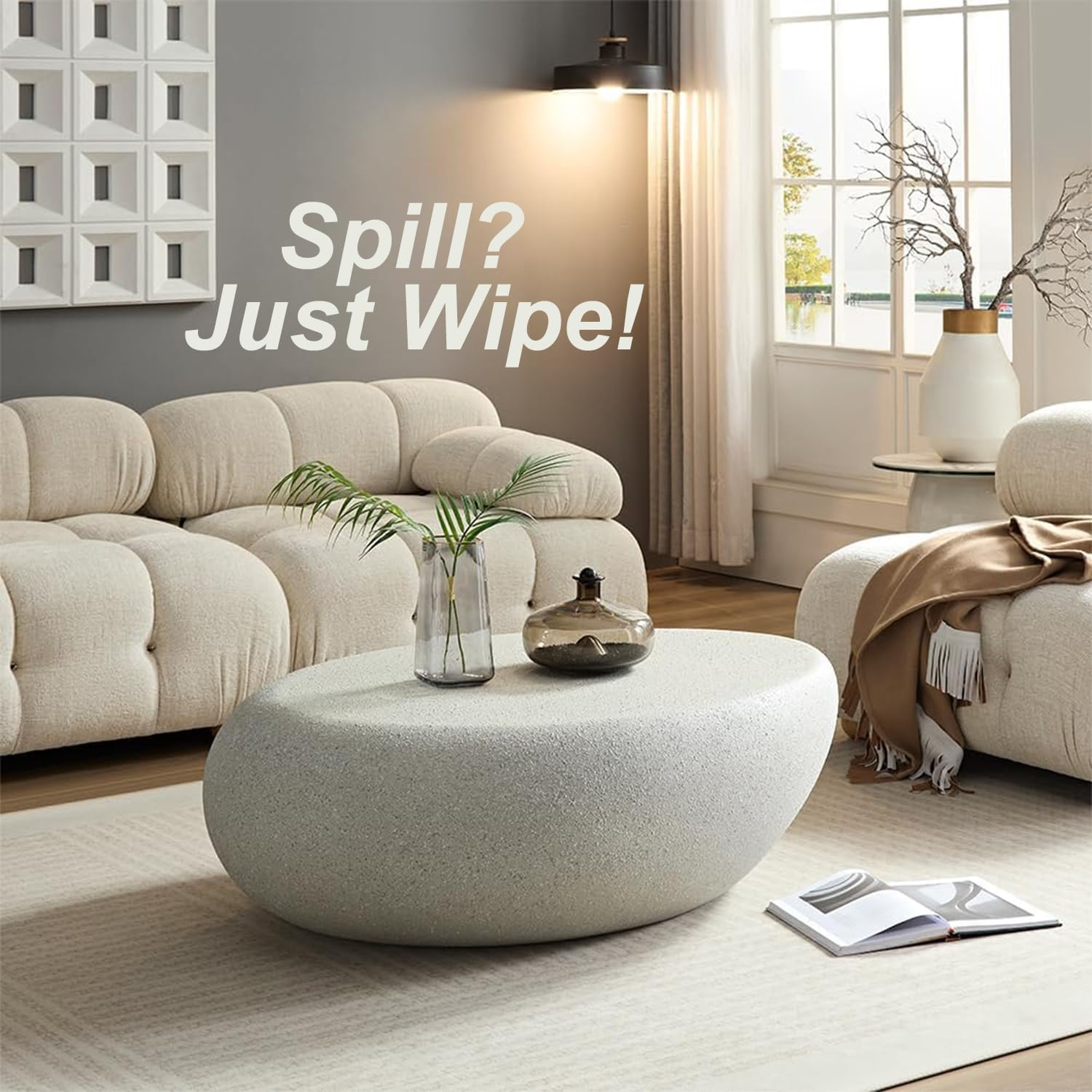 Oval Coffee Table &ndash; Beige Faux Stone Finish, Modern Fiberglass Drum Design, Minimalist Accent Table for Living Room, Bedroom, Apartment or Office, Outdoor, No Assembly Needed - Black - Oval 100Cm image number 6