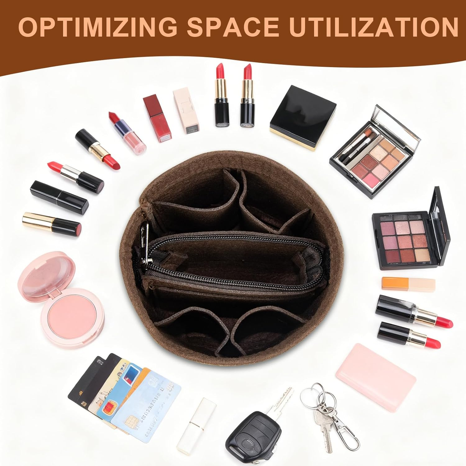 Bag Organiser, Handbag Organiser, Inner Pocket for Handbags, Bag Organiser, Bag Organiser, Handbag with 8 Compartments, Felt Storage for Women, 14 Cm X 12 Cm, Dark Brown image number 3