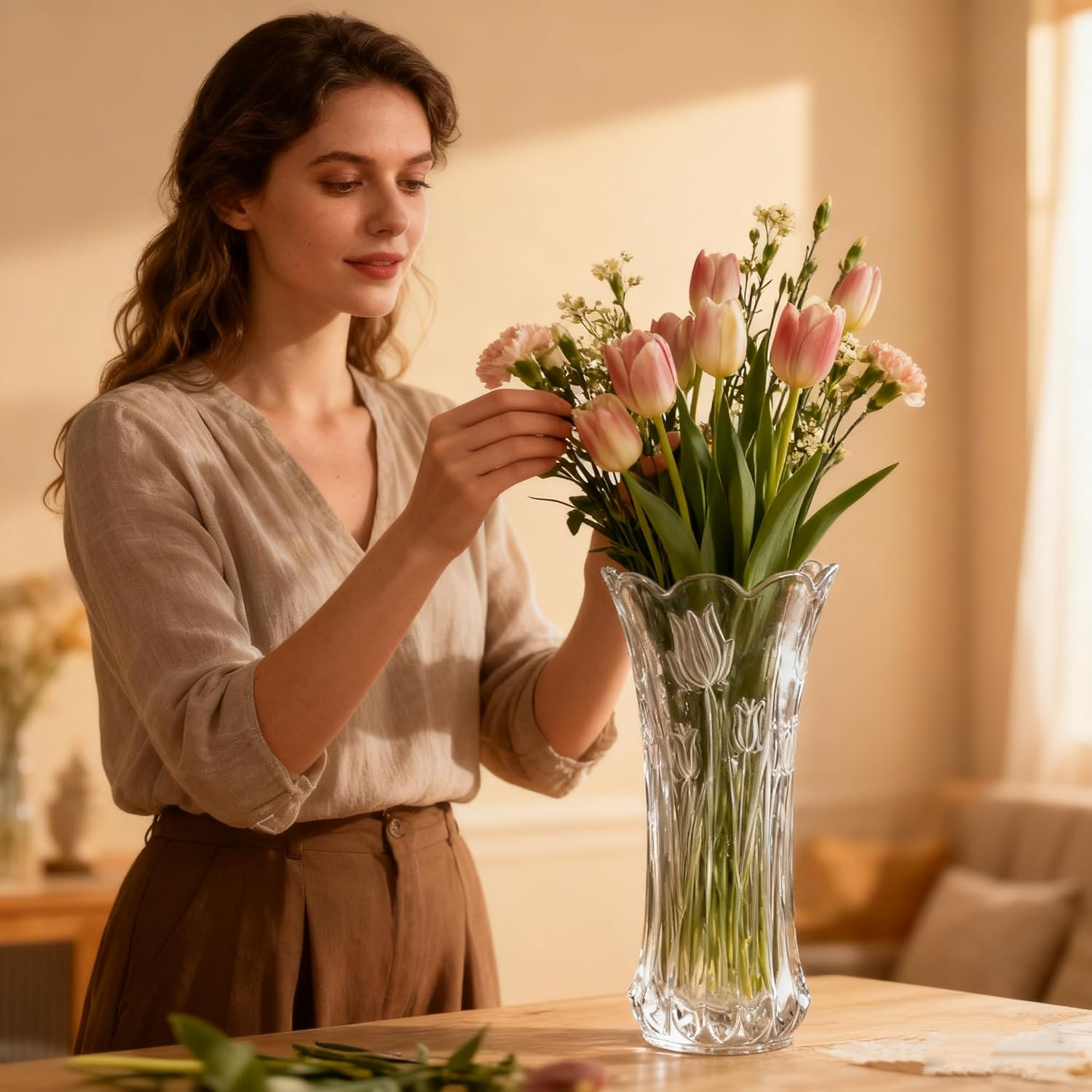 Dicunoy Set of 2 Glass Flower Vase, 9.5" Large Flower Vases for Centerpieces, Modern Clear Heavy Duty Crystal Tall Cylinder Flared Vase for Rose Bouquet, Home, Wedding, Living Room, Office image number 3