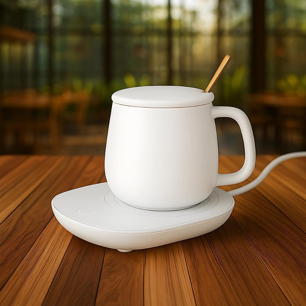 Smart Electric Coffee Mug Warmer with Ceramic Mug Included &ndash; Desktop Beverage Heating Plate for Office & Home &ndash; Keeps Coffee, Tea, Milk, Hot Chocolate or Water Warm Auto Shut off Safety Design (White)