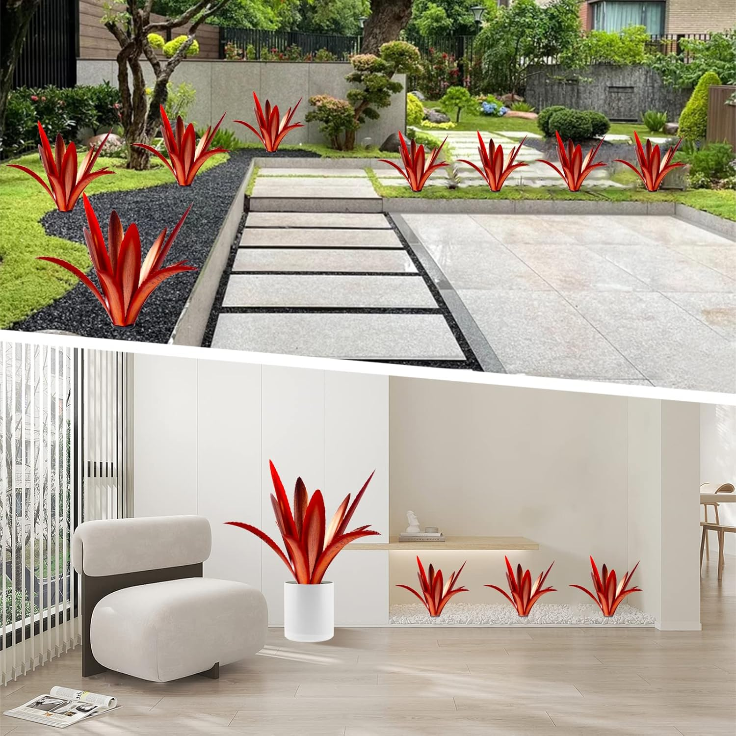 TOMBABY Enlarge Thickened Wind Resistant Metal Agave Garden Art Metal Plant Country Garden Sculpture Statue Outdoor Decoration Agave Metal Plant Courtyard Garden Lawn Ornament Gift (1, 12 Leaves Red) - 5, 1 Solar Blue image number 2