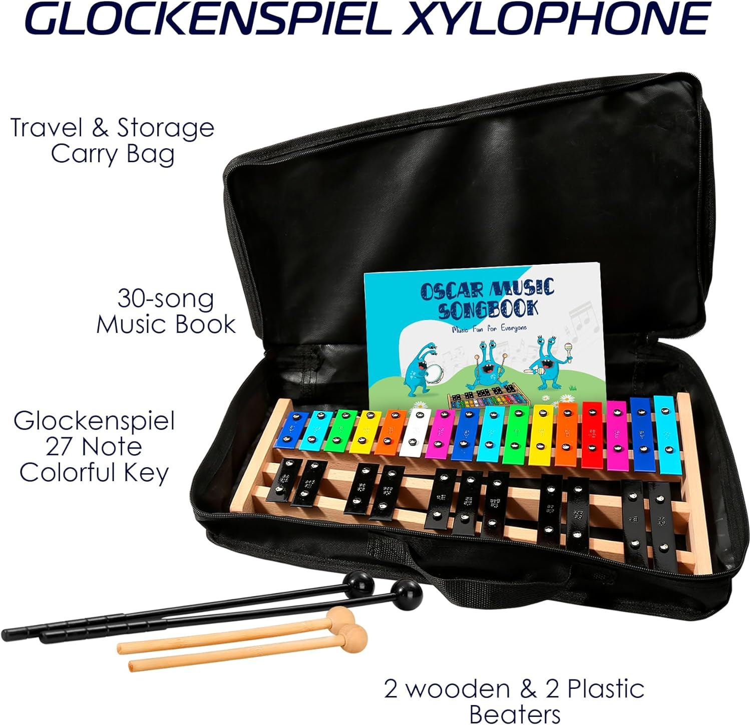 MINIARTIS Glockenspiel Xylophone | Full Size Glockenspiel Xylophone 27 Note Colorful Metal Keys for Adults & Kids | Percussion Musical Instrument Includes 2 Wooden Beaters, Songbook and Carry Case - Multi image number 2