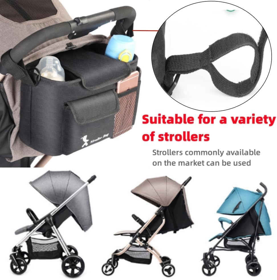 Universal Pram Organiser | Large Pram Organiser| Smart Moms Storage Bag Diaper Toys Keys Stroller Accessories | Kodra Fabric | Detachable Shoulder Straps Water Resistant Safe and Durable | Black
