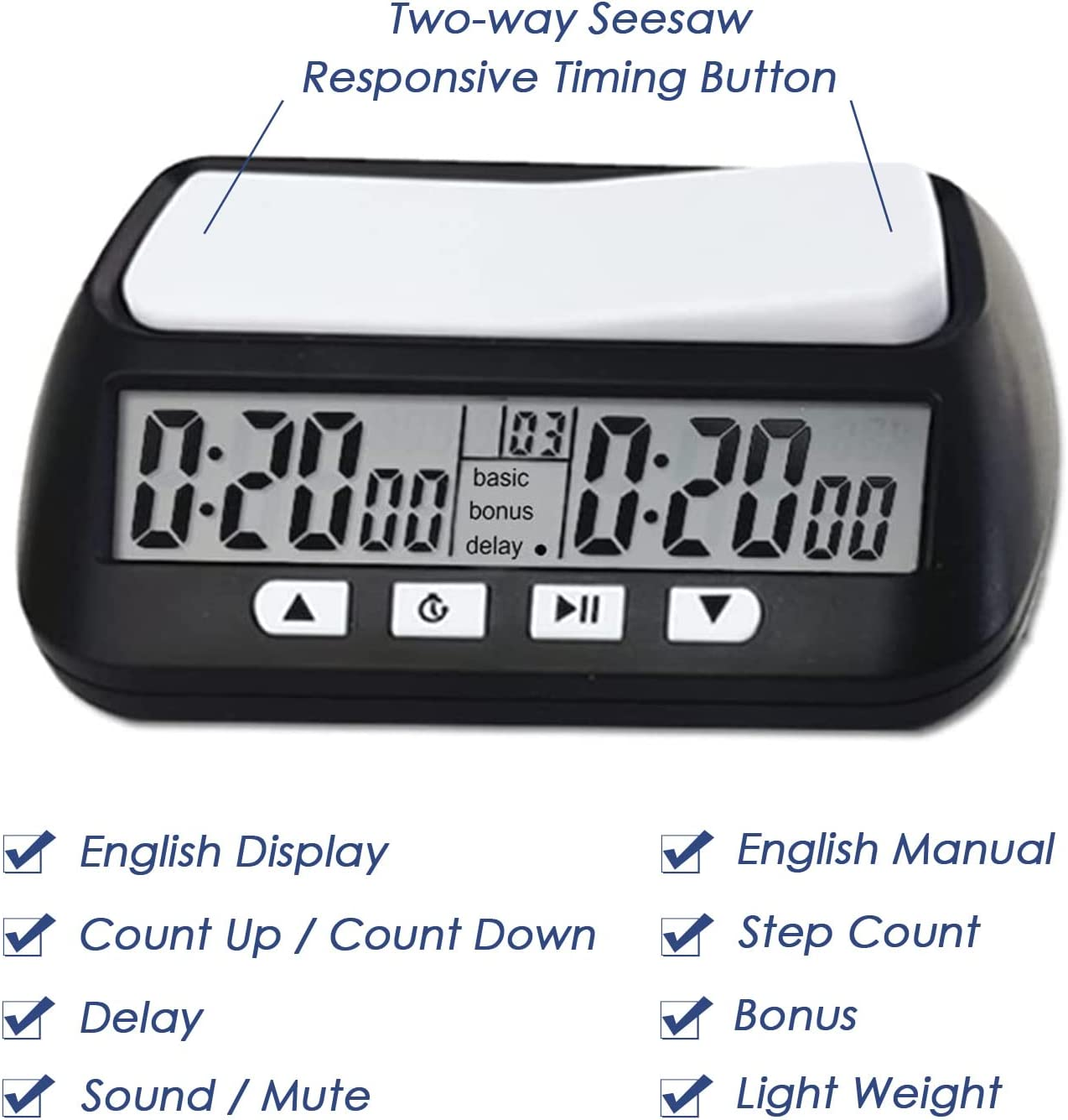 Digital Chess Clock with Two-Way Seesaw Responsive Button, Professional Timing Function Settings for Tournaments Competitions Board Games Timer, English Display image number 5