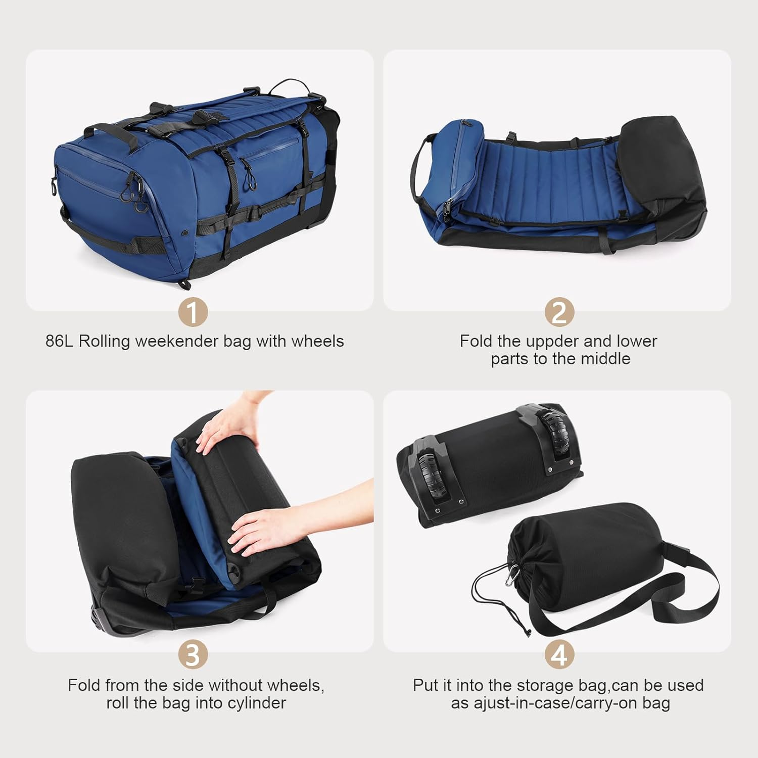 CONTAIL 86L Foldable Wheeled Duffel Backpack with Padded Quilted Bottom, Waterproof Collapsible Travel Duffle Bag with Extended Web Handles, Navy, Litle, Expandable Luggage with Spinner Wheels image number 2