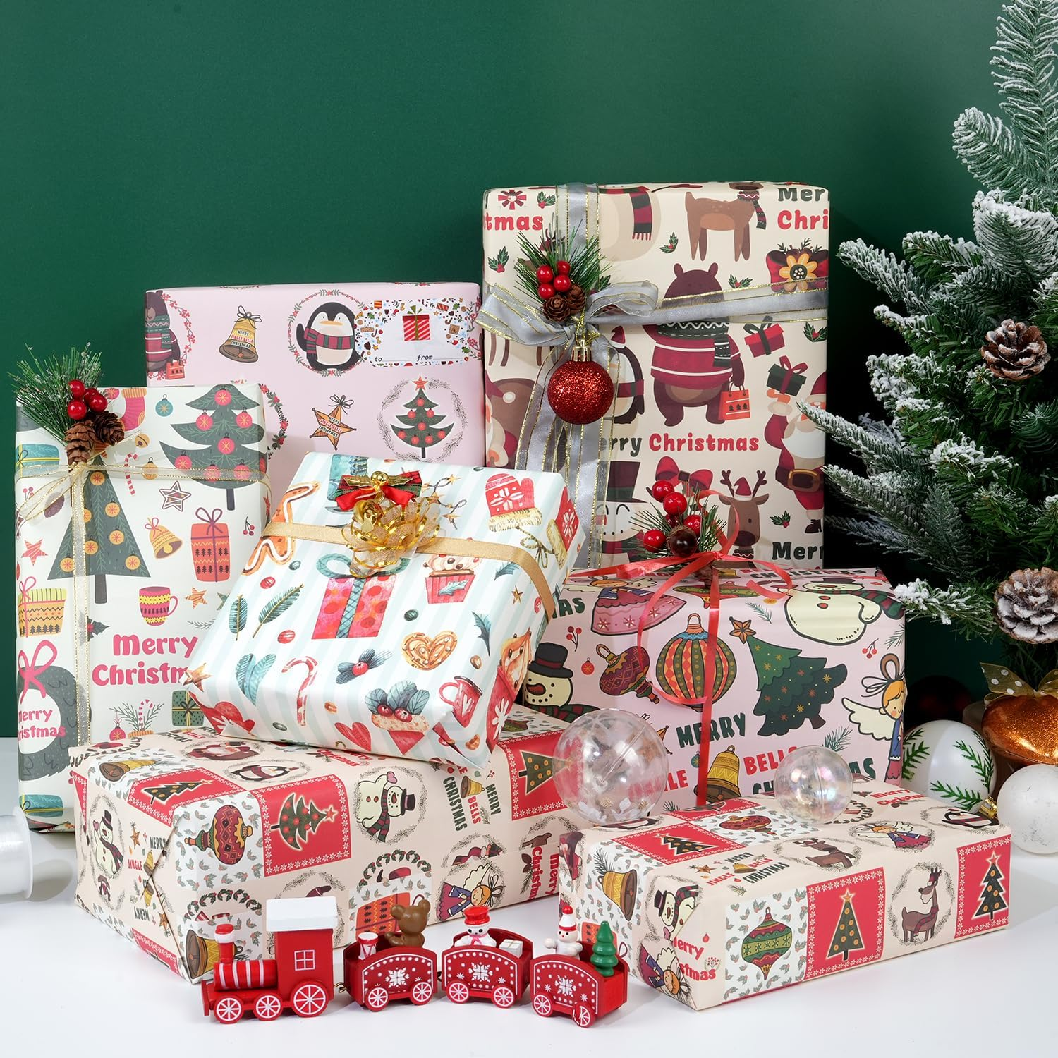 MAMUNU Christmas Wrapping Paper Sheets, Cute Pink Xmas Kraft Gift Wrapping Paper for Kids Girls Women, Assorted 6 Designs Classic Wrap Paper Set for Christmas New Year Holiday, 20 &times; 28 Inch - Brown And Red image number 5