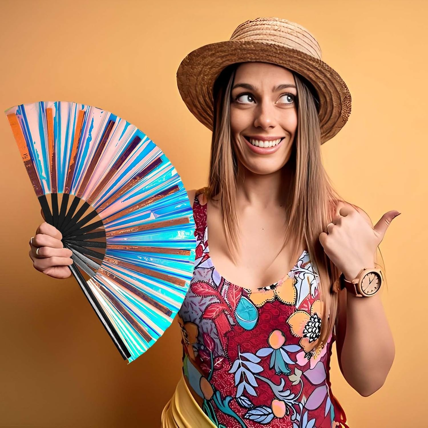 Large Clack Hand Rave Fan Holographic Folding Popping Line Dance Fan Foldable Handheld Clacking Fans for Line Dancing Craft Laser Rave Accessories for Festival Rainbow Outfits Party Club(Light Blue) image number 3