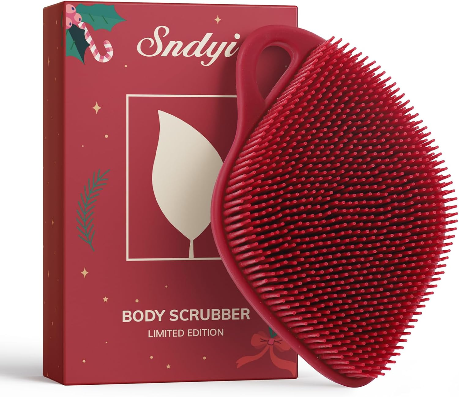 Sndyi Silicone Body Scrubber, Gentle Exfoliating Body Scrubber for Sensitive Skin, Leaf Shaped Shower Scrubber for Body with Lathering Bristles, Silicone Loofah Body Brush for Showering, Christmas Red image number 5