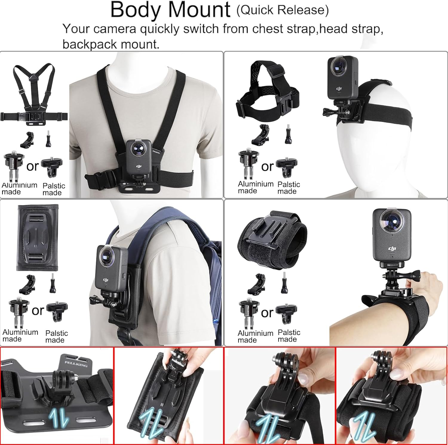 Pellking Accessories Kit for DJI Osmo 360,Included Carrying Case with Belt,2 Pcs Metal 1/4" Adapter,Handlebar Clamp,Magnetic Mount,43In Selfie Stick,Chest Strap,Head Strap,Backpack Mount,And Others image number 5