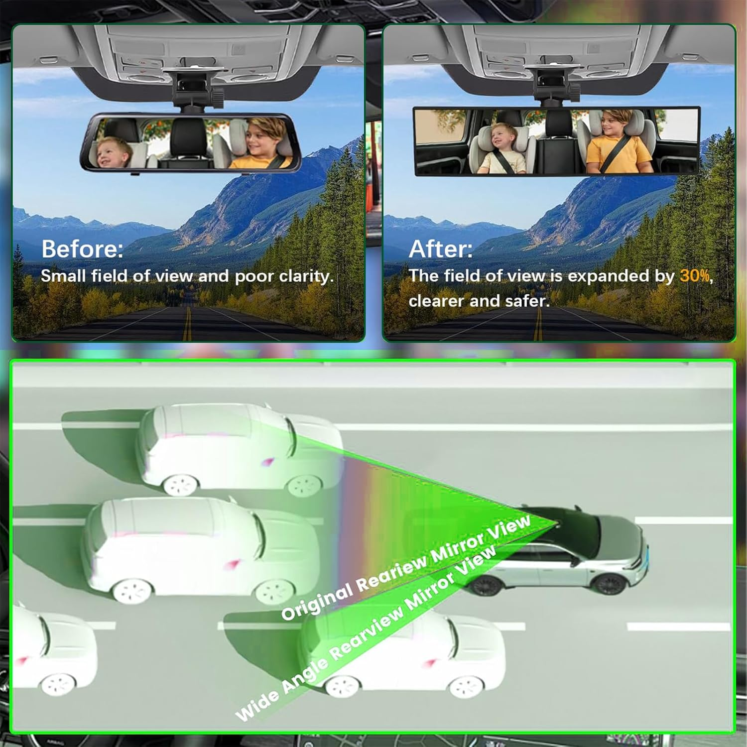 Velmoriah 12 Inch Panoramic Rear View Mirror &ndash; Convex Clip-On Wide Angle HD Mirror for Cars, Suvs & Trucks, Reduce Blind Spots, Universal Interior Fit, Anti-Glare, Clear Vision for Safer Driving image number 5