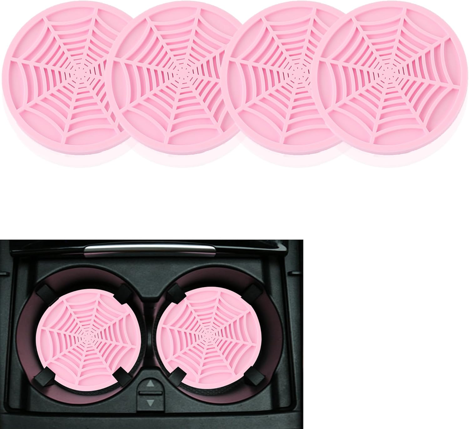 4PCS Silicone Car Coasters,Unique Spider Web Non-Slip Car Cup Holder Coaster Car Interior Accessories,Universal 2.75 Inch Car Drink Coaster for Women Men (Pink)
