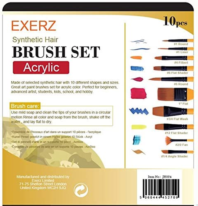 Exerz Acrylic Paint Brush Set 10 Pcs Synthetic Hair Artist Professional Brushes in a Travel Case/Perfect for Acrylic Watercolour Gouache & Face Paint - Acrylic