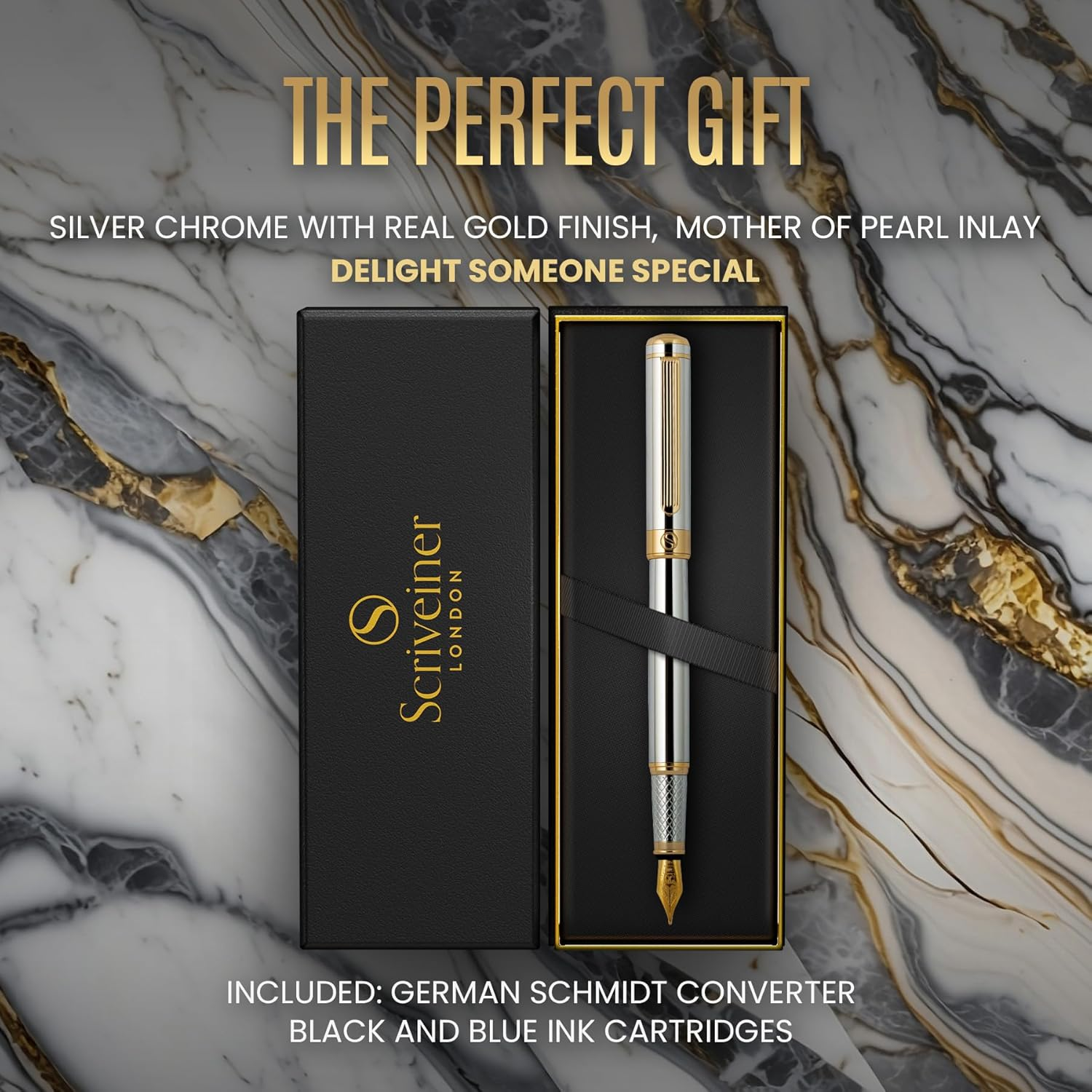 Scriveiner Silver Chrome Fountain Pen - Stunning Luxury Pen, Real Gold Finish Schmidt Gilded Nib (Medium), Best Pen Gift Set for Men & Women, Professional, Executive Office, Nice Pens image number 4