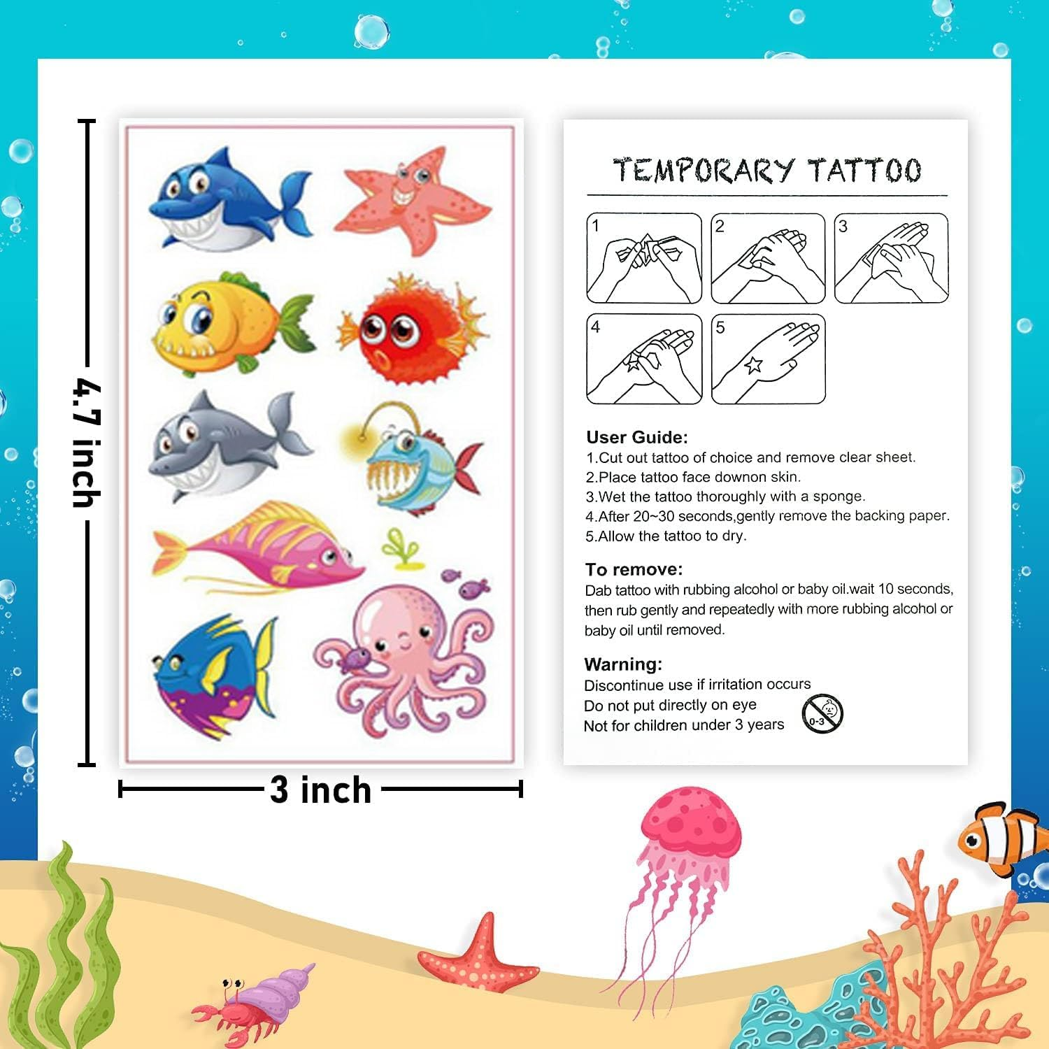 Ocean Animals Temporary Tattoos, 10 Sheets under the Sea Creature Animal Tropical Ocean Fish Shark Dolphin Waterproof Tattoo Stickers for Birthday Party Favor Supplies Decoration