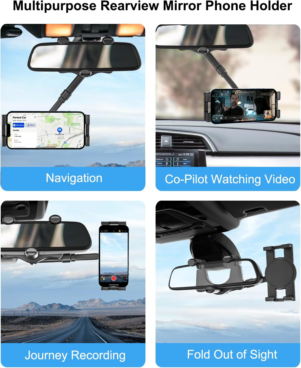 Car Rearview Mirror Phone Holder Mount [360&deg;Rotatable & Retractable] Rear View Mirror Cell Phone Holder for Car, Universal Multifunctional Car Clip for Iphone 14 Pro Max 13 12 11, All Mobile Phones