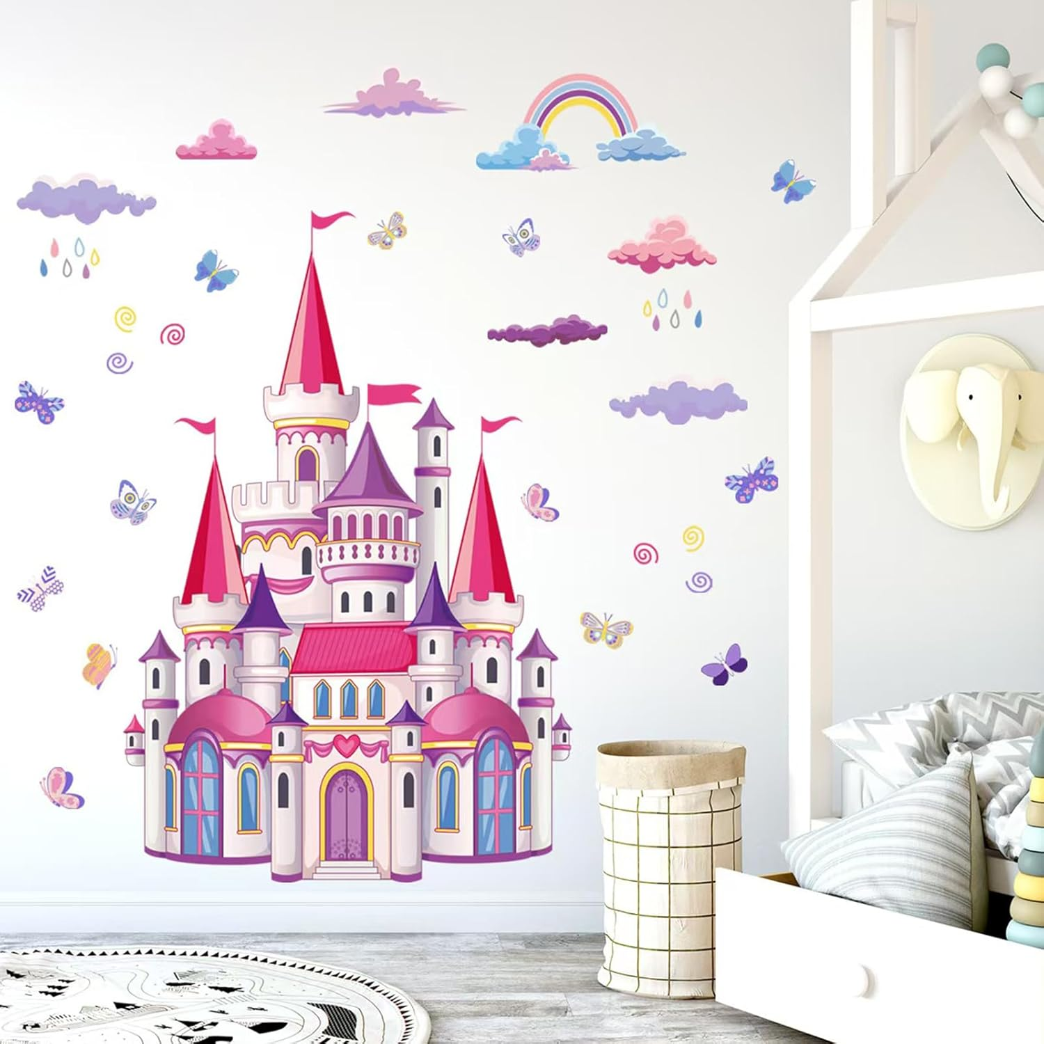 Castle Wall Stickers Room Decor, Rainbow Cloud Fairy Tale Princess Castle Wall Stickers Removable Wall Murals Peel and Stick Kids Toddler Wall Art Wallpaper Living Room Nursery Playroom
