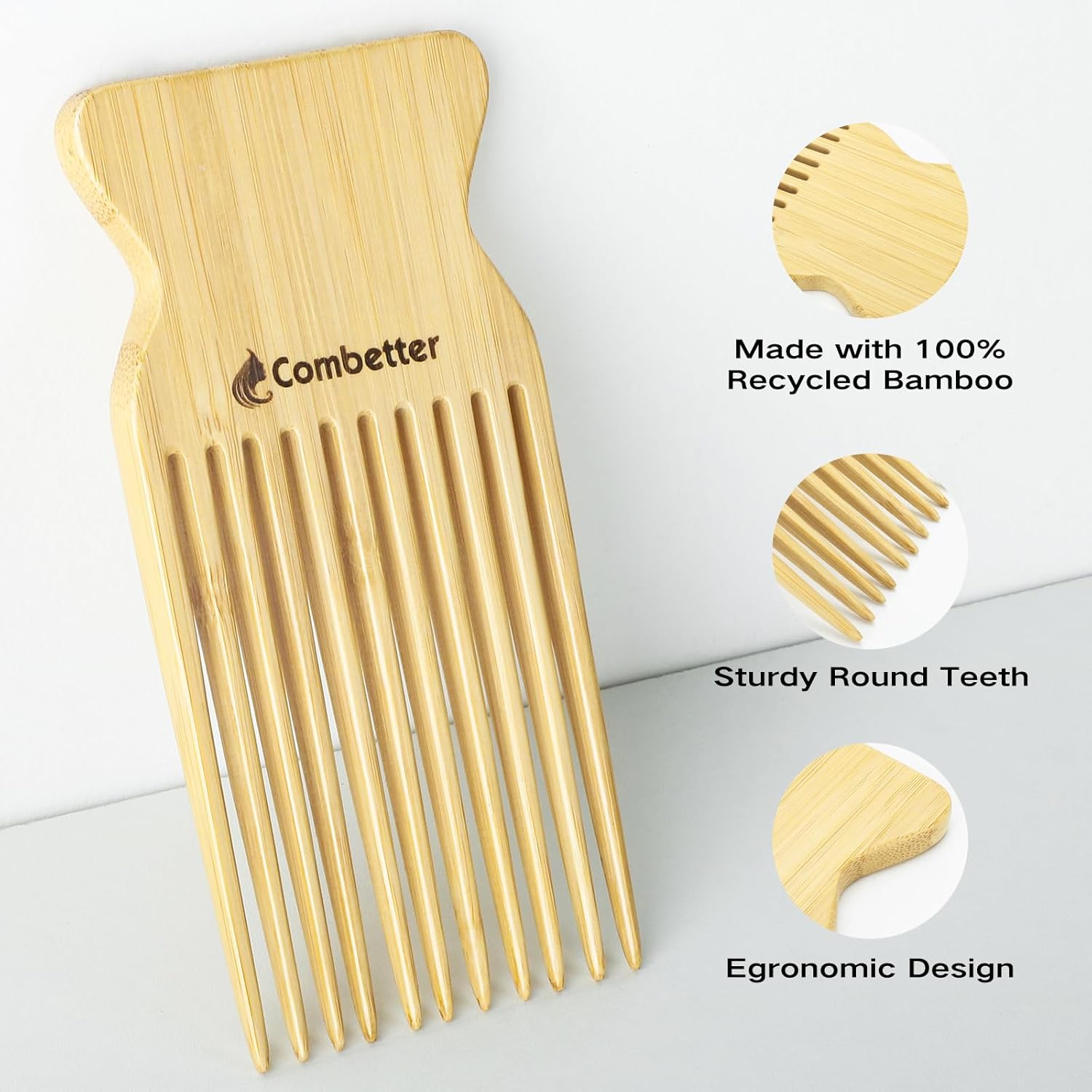 Bamboo Hair Pick by Combetter, Enhance Curl Definition & Volume All Curly Hair, Eco-Friendly Afro Pick for Detangling & Styling for Men, Women & Kids, Yellow image number 4