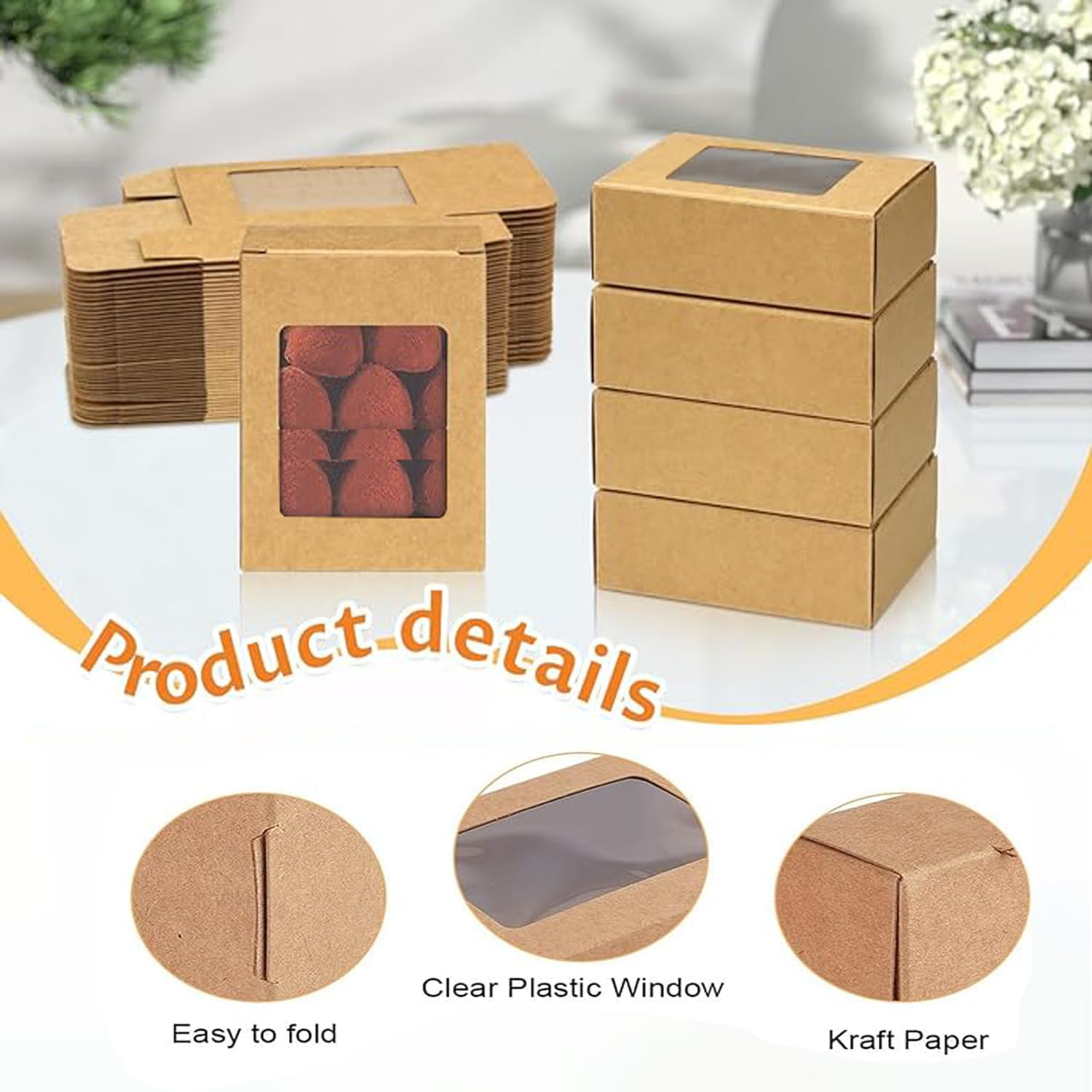 Lxcshljx 50Pcs Small Rectangle Kraft Paper Box with Transparent Windows - Brown Bakery, Treat Gift, Present Packaging for Candy, Chocolate, Jewelry image number 4