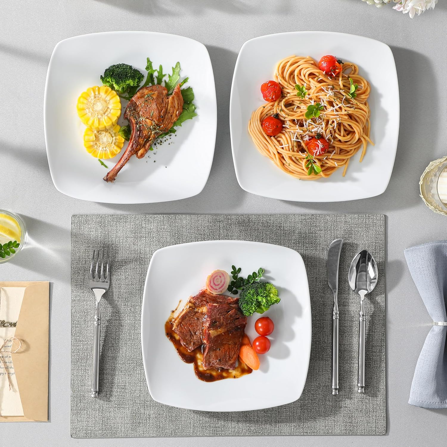 (6-Piece) - Malacasa, Series Julia, 9.5" Ivory White Square Porcelain Dinner Plate Set Christmas Flat Plate Set, Pack of 6 (23.5 23.5 2Cm)