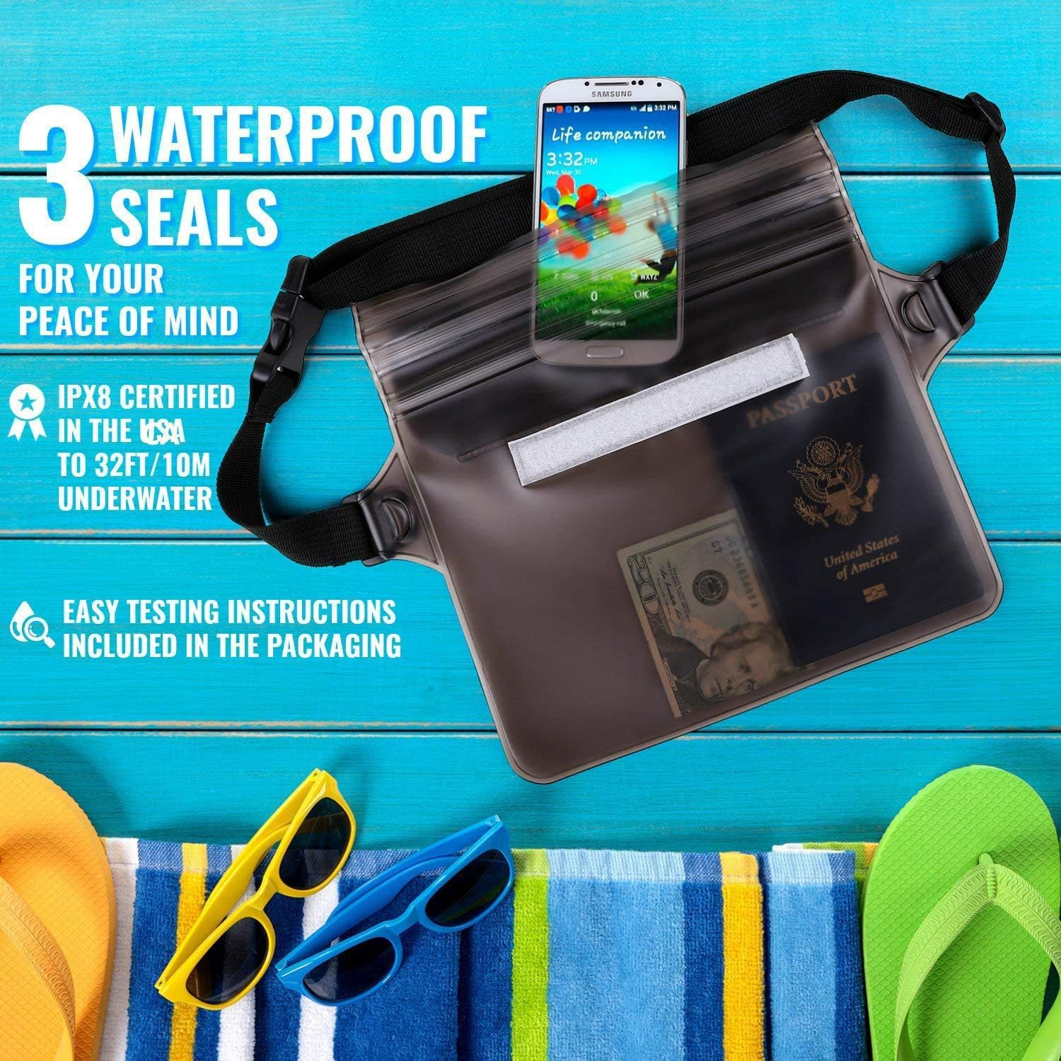 KINGDOO Waterproof Bags with Waist Shoulder Strap Best Dry Pouch Case to Keep Phone and Valuables Dry and Safe Perfect for Boating Swimming Snorkeling Kayaking Beach Water Parks&hellip; - Black image number 3
