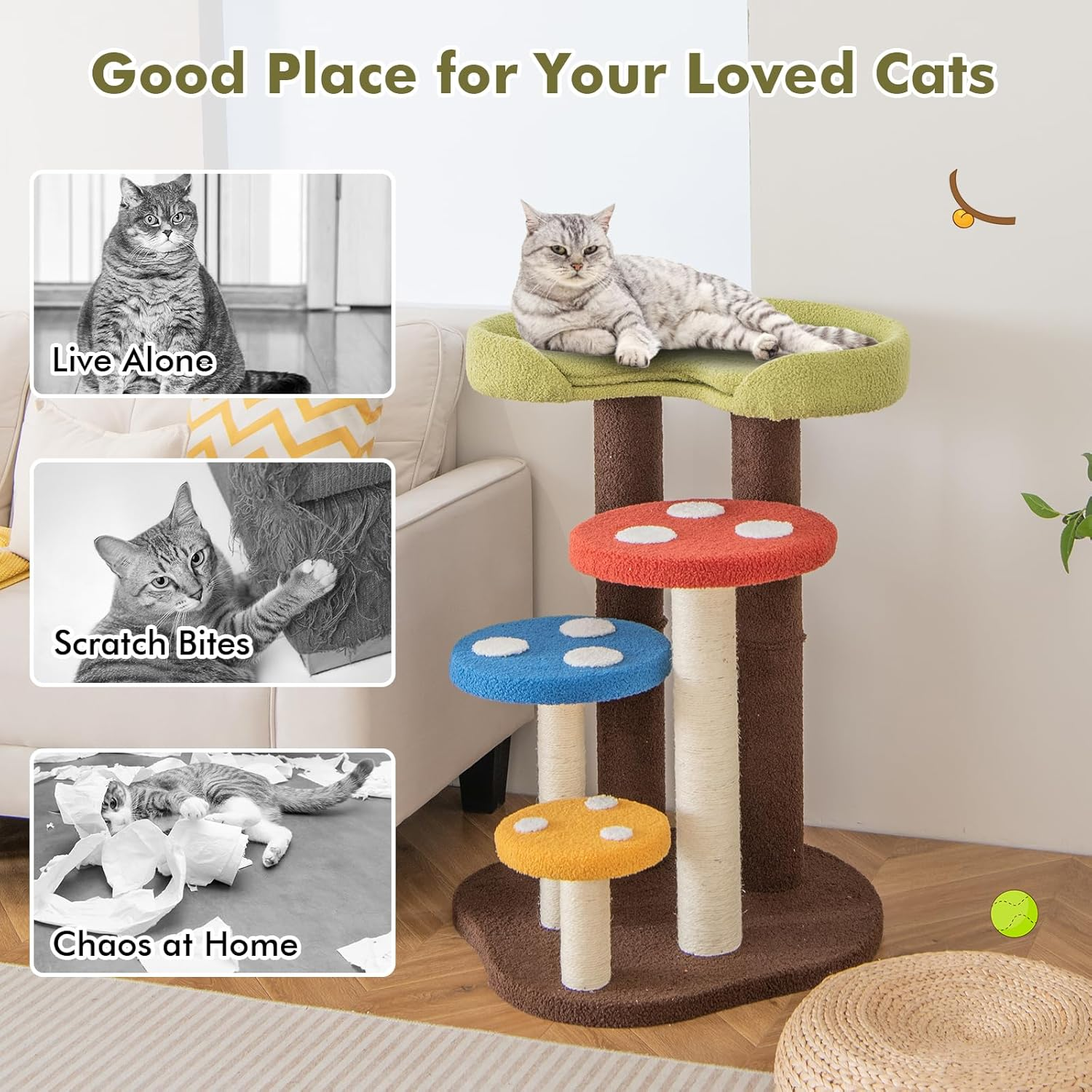 Cat Tree Mushroom, Cutecostway Cat Tower for Indoor Cats with Scratching Post, Unique Multi-Level Cat Furniture, Pet Play House Cat Activity Center for Kitten