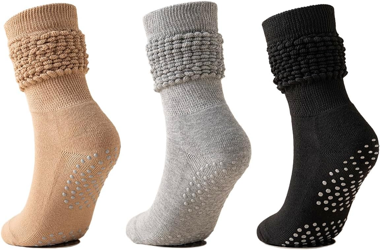 Grip Pilates Socks for Wome Yoga Slouch Socks with Grip for Barre Workout Hospital Long Scrunch Socks 3 Pairs image number 3