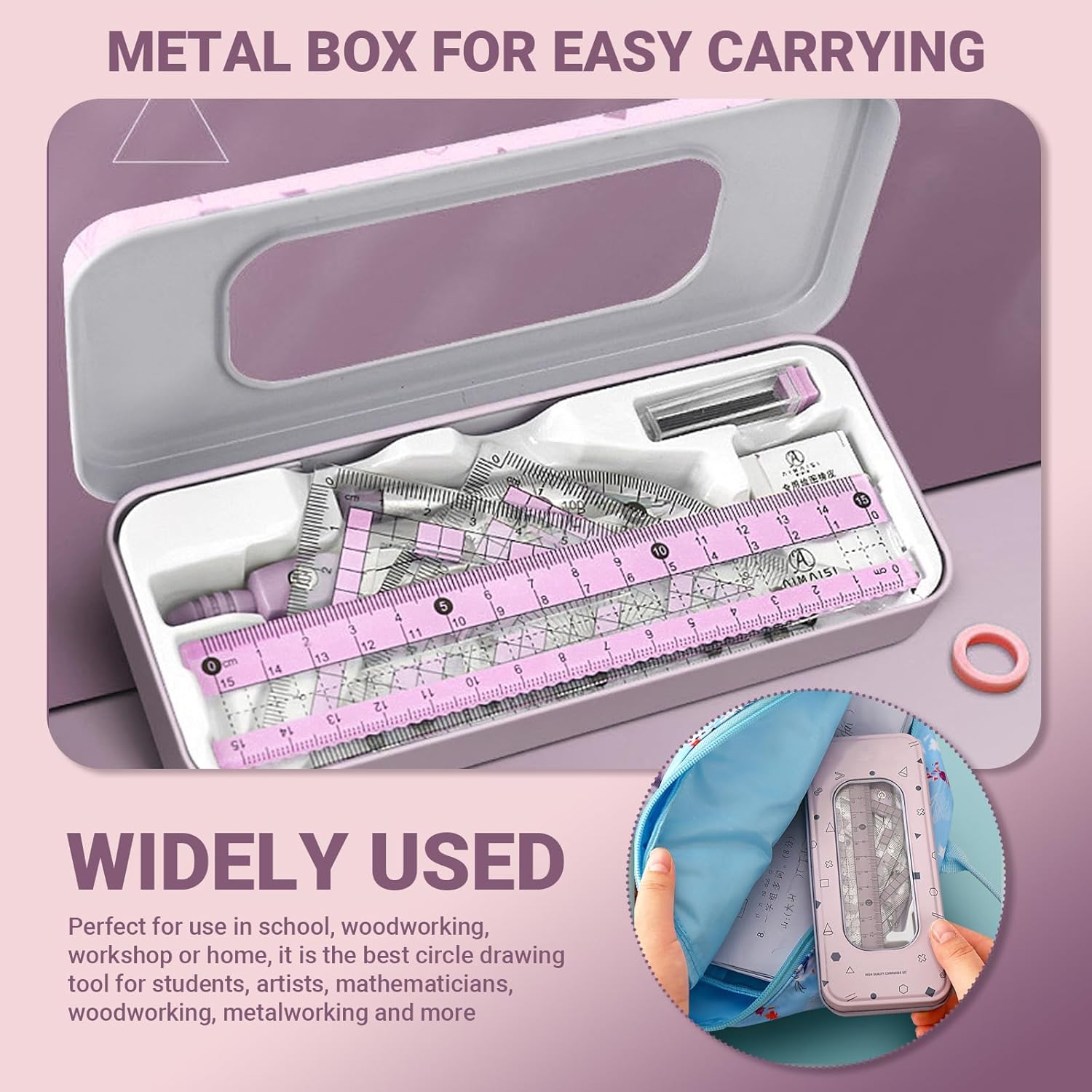 Compass Geometry Tool with Metal Box, 7 Pcs Assorted Math Set with Eraser & Refills, Protractor Ruler Kit for School, Class, Students (Pink) image number 2