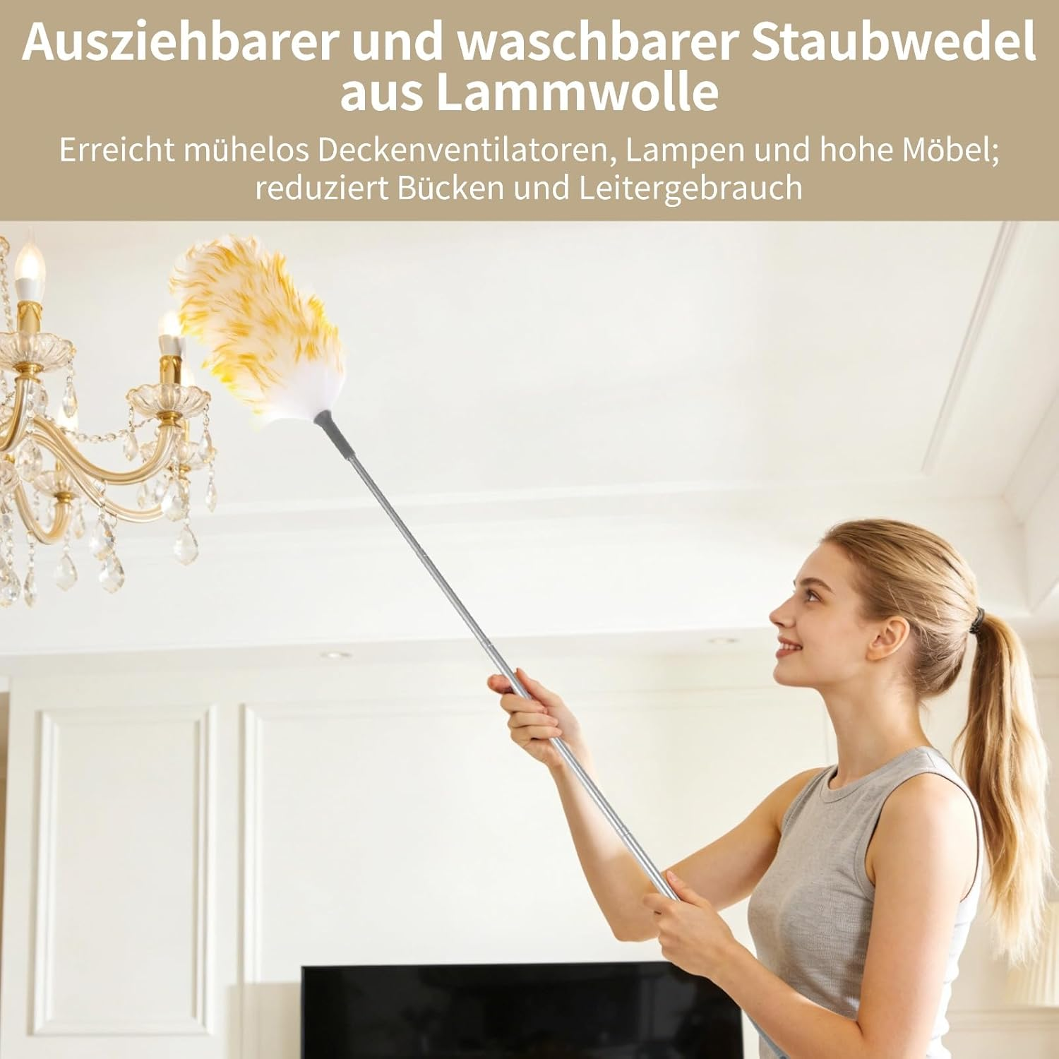 Long Extendable Duster Washable with 2 Interchangeable Covers, Extendable up to 135 Cm, Fluffy, Scratch-Resistant, Electrostatic for Ceiling Fans, Lamps, High Furniture and E image number 6