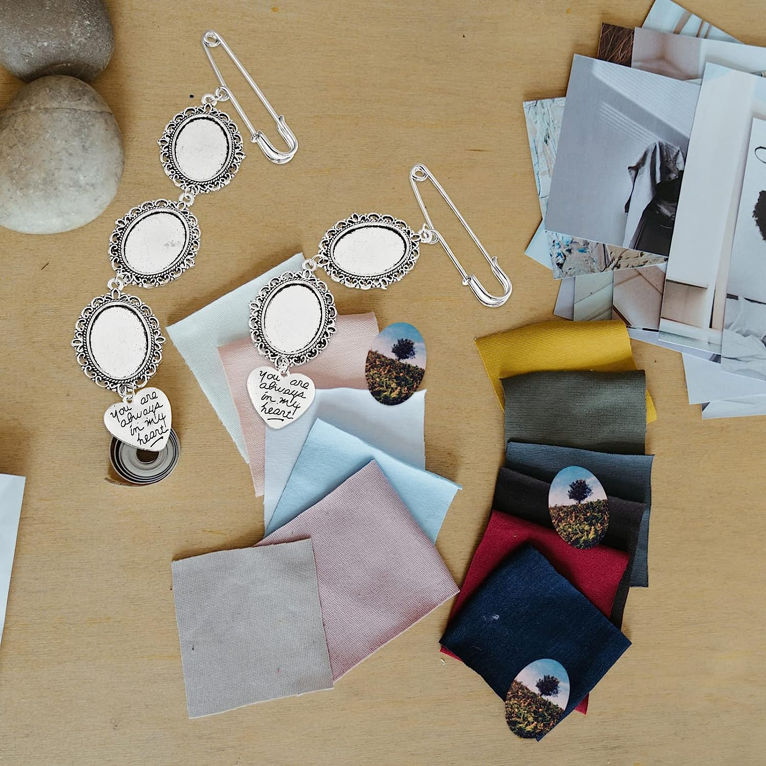 Wedding Bouquet Photo Charms Set: Lacy Oval Frame Bridal Charm DIY Pin Brooch Making Kit Memorial Bride Angel Pendant You Are Always in My Heart Charm for Bridal Shower Bachelor Party image number 4